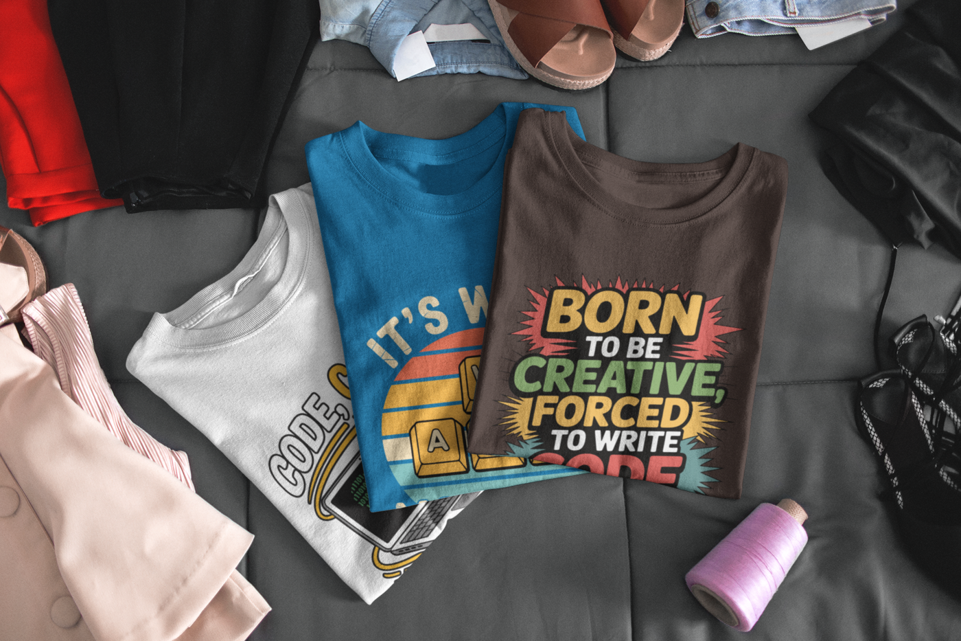 Man and woman tech support team collaborating, wearing T-shirts in an office.