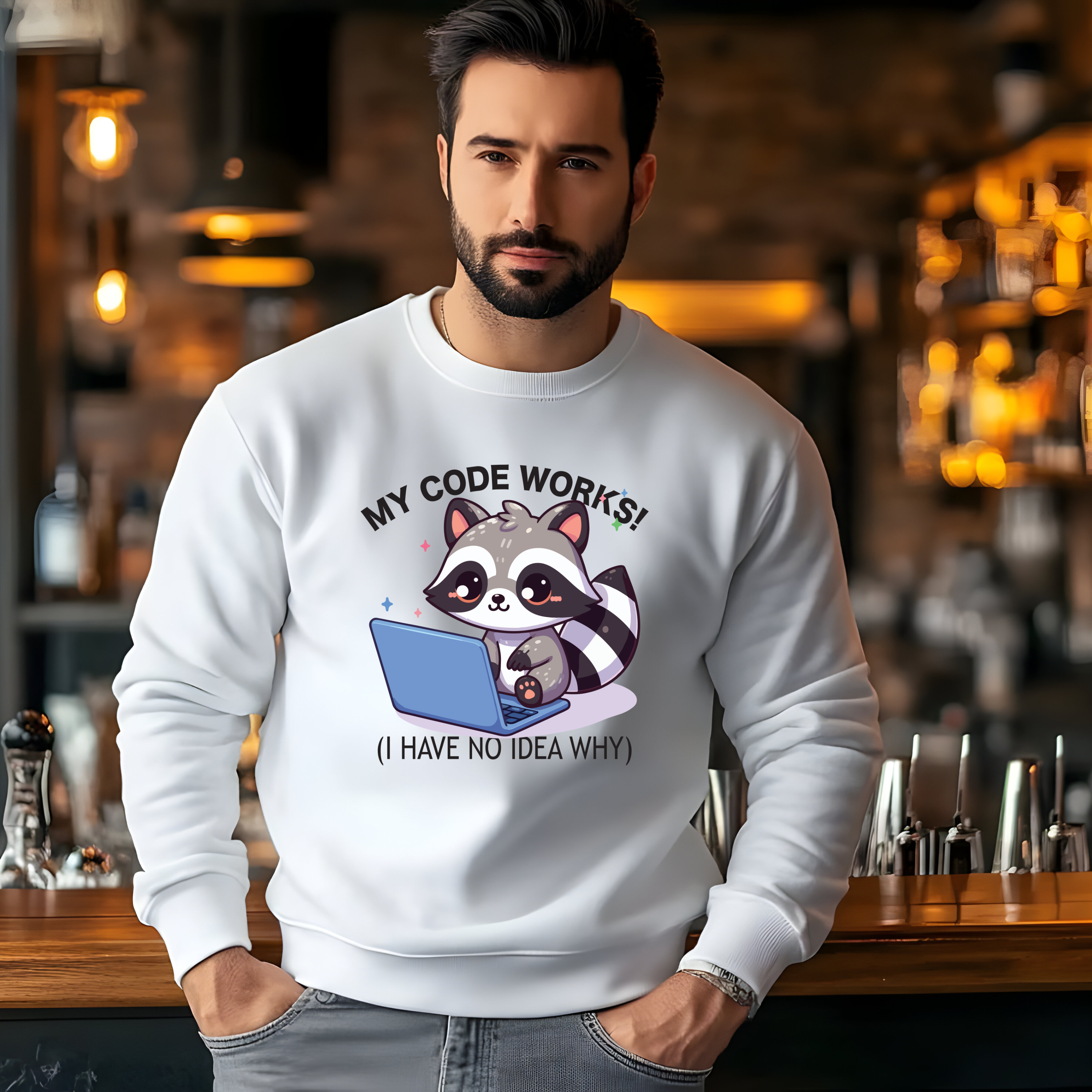 Programmer Raccoon Sweatshirt – “My Code Works! (I Have No Idea Why)” Crewneck