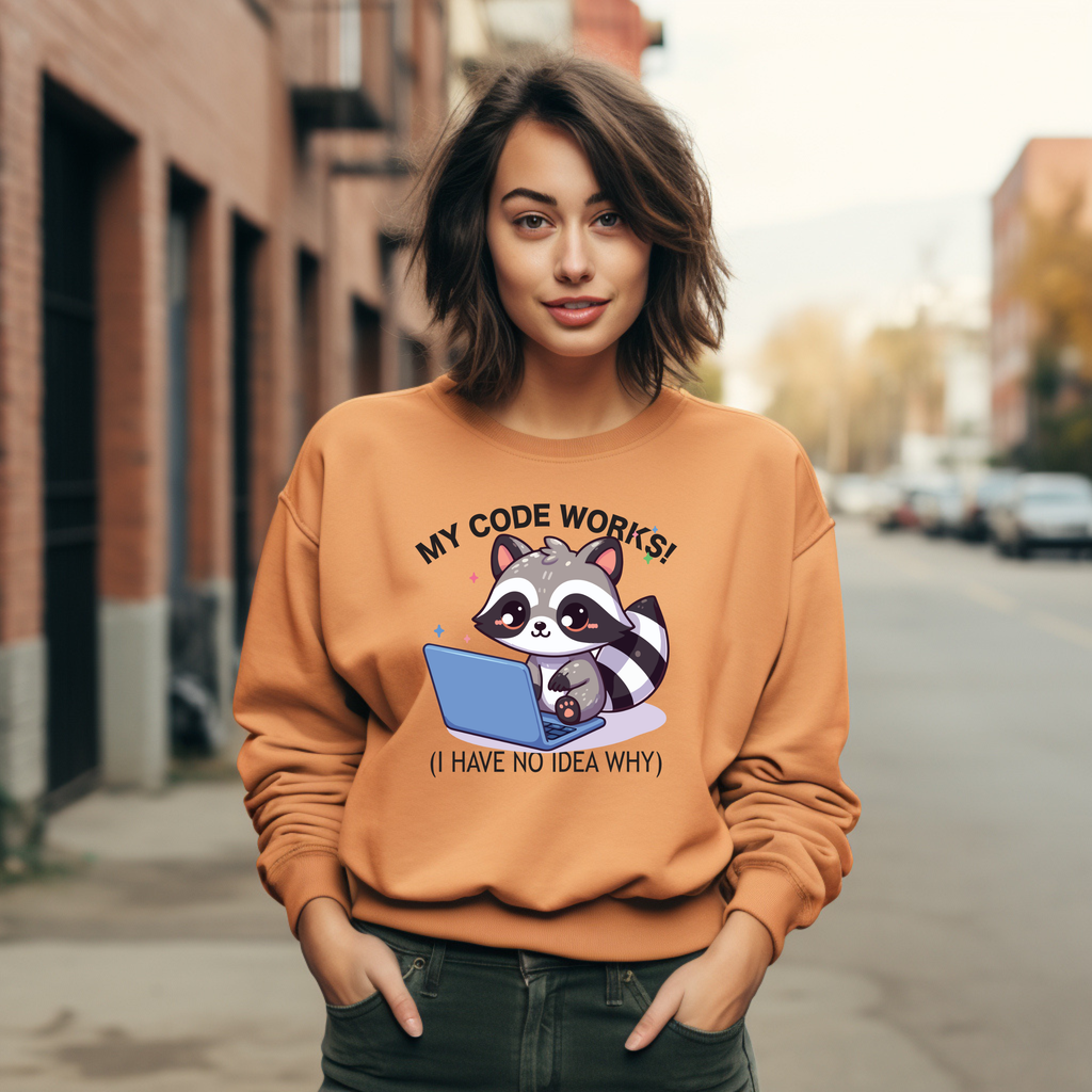 Programmer Raccoon Sweatshirt – “My Code Works! (I Have No Idea Why)” Crewneck