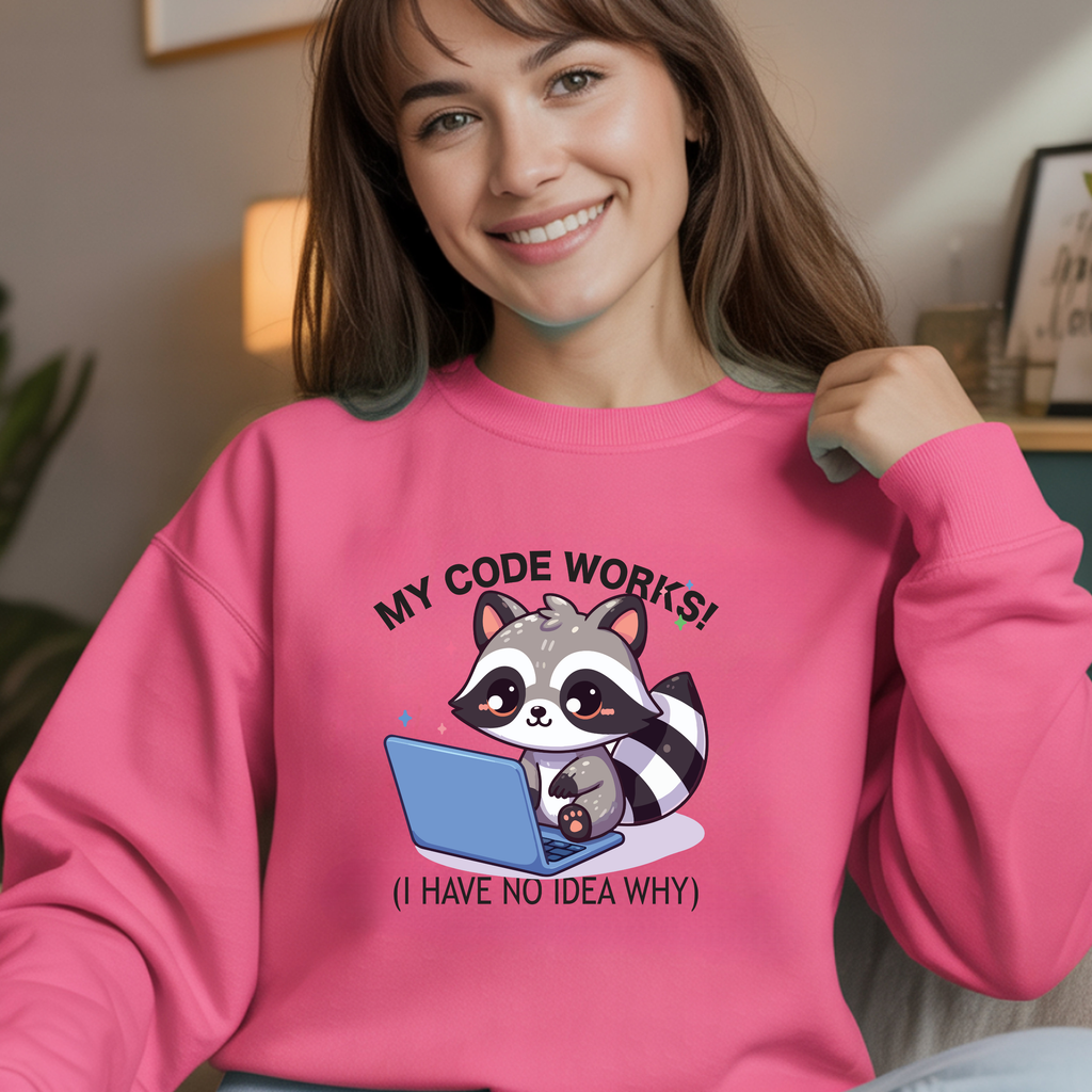 Programmer Raccoon Sweatshirt – “My Code Works! (I Have No Idea Why)” Crewneck