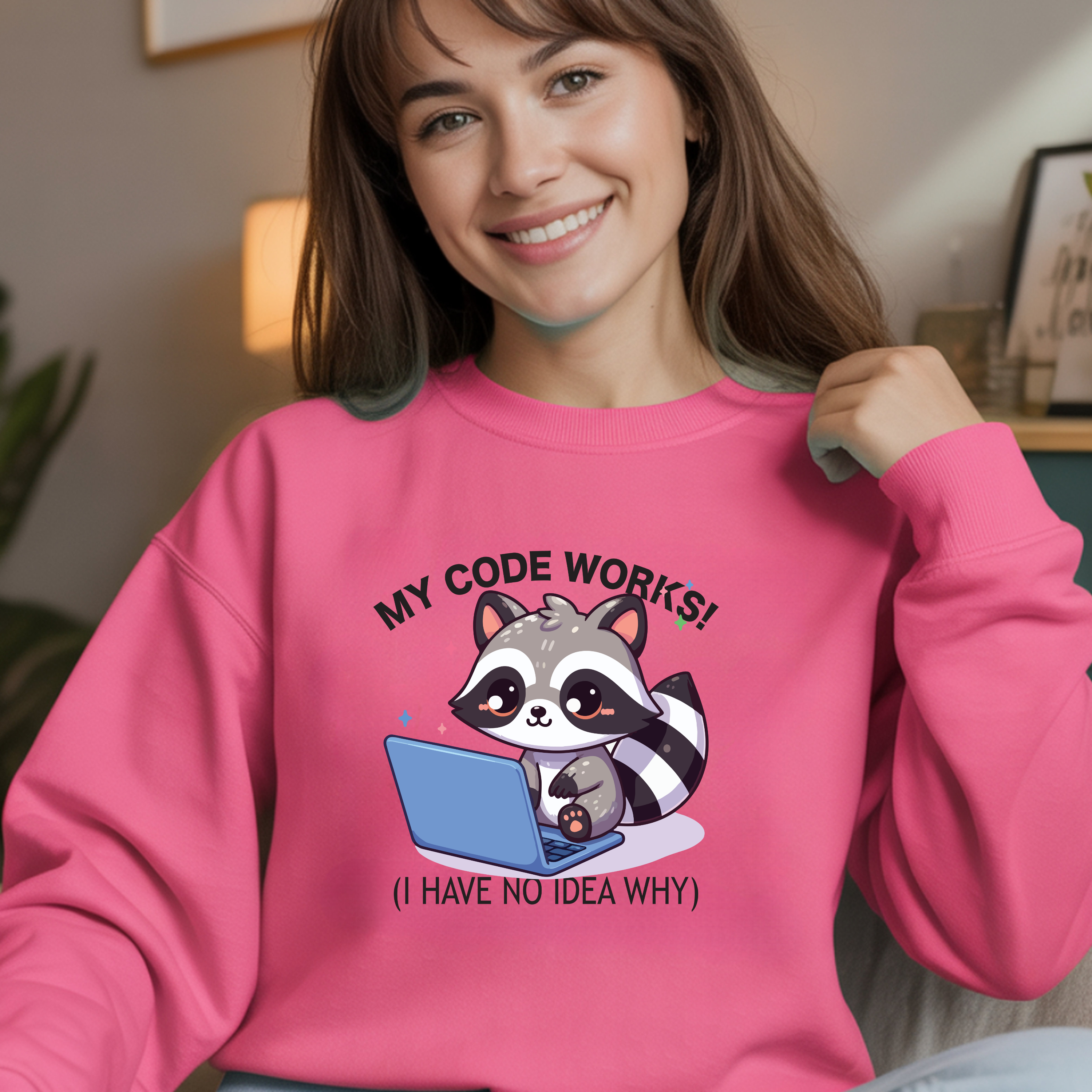 Programmer Raccoon Sweatshirt – “My Code Works! (I Have No Idea Why)” Crewneck