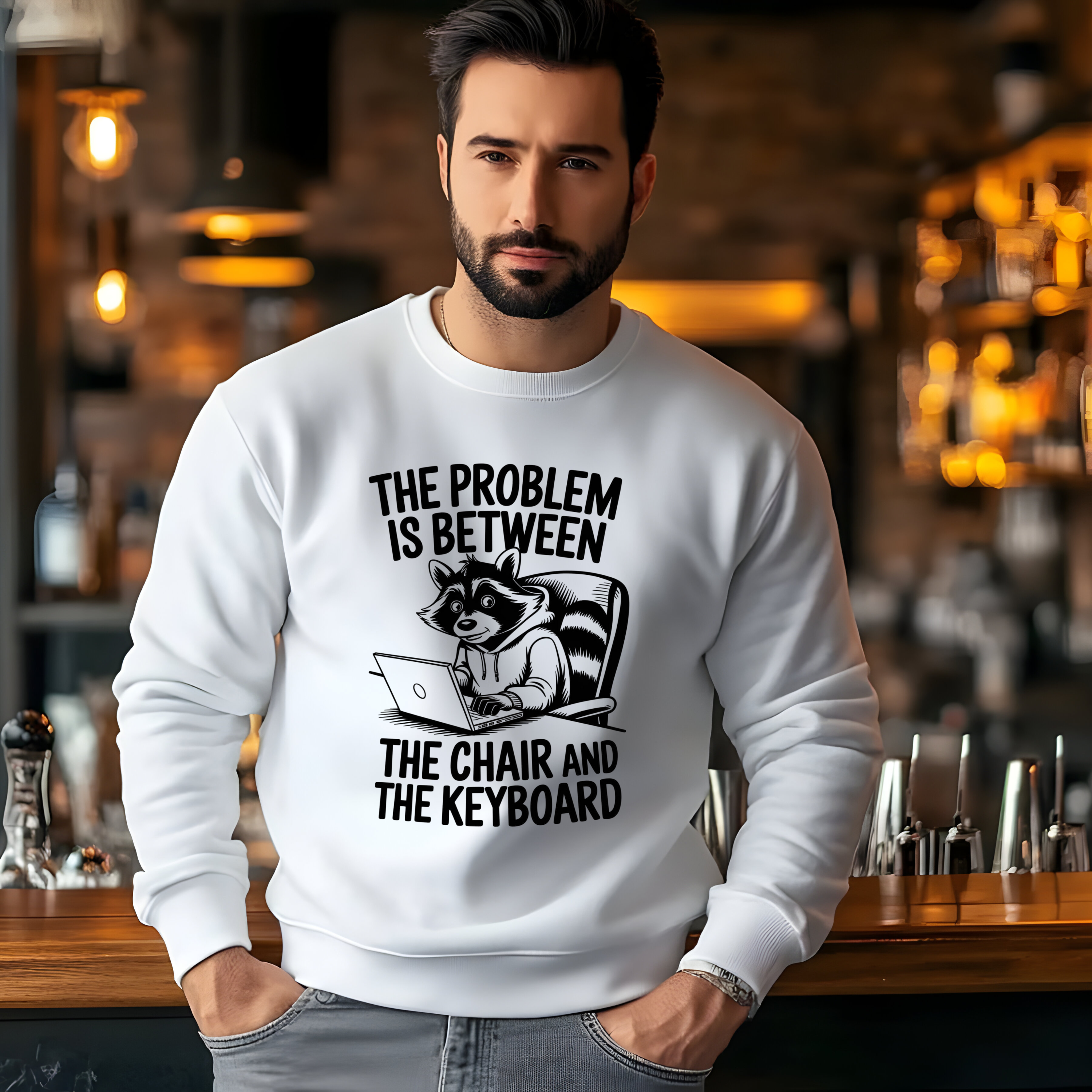 Sweatshirt — "The Problem Is Between The Chair and The Keyboard" Raccoon Laptop Crewneck