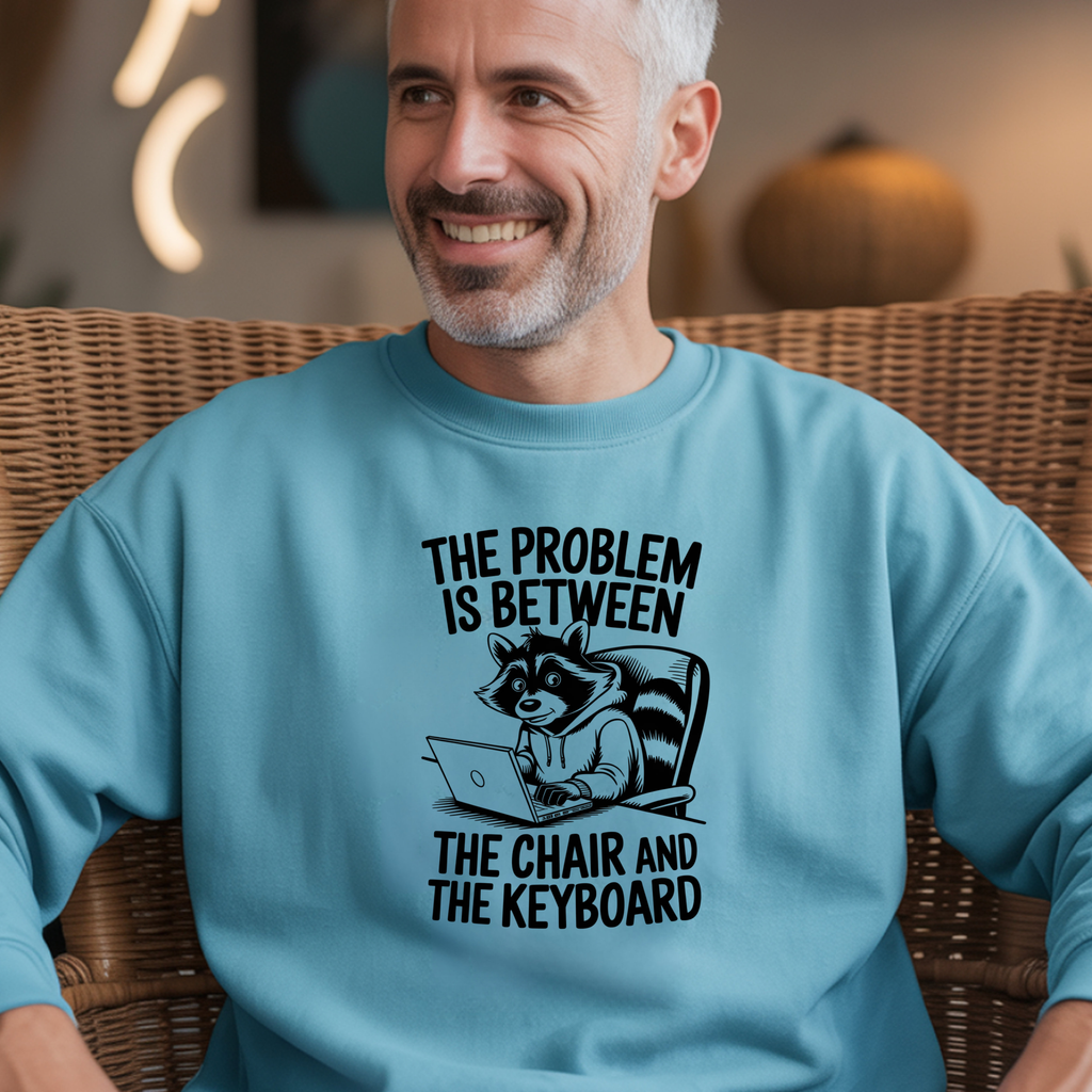 Sweatshirt — "The Problem Is Between The Chair and The Keyboard" Raccoon Laptop Crewneck