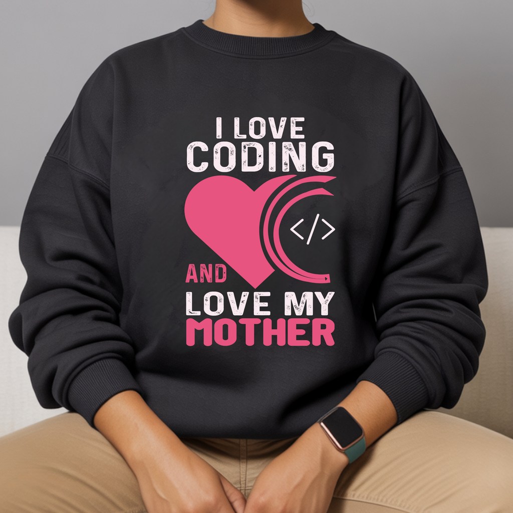 Crewneck Sweatshirt - I Love Coding and My Mother (Pink Heart Design)