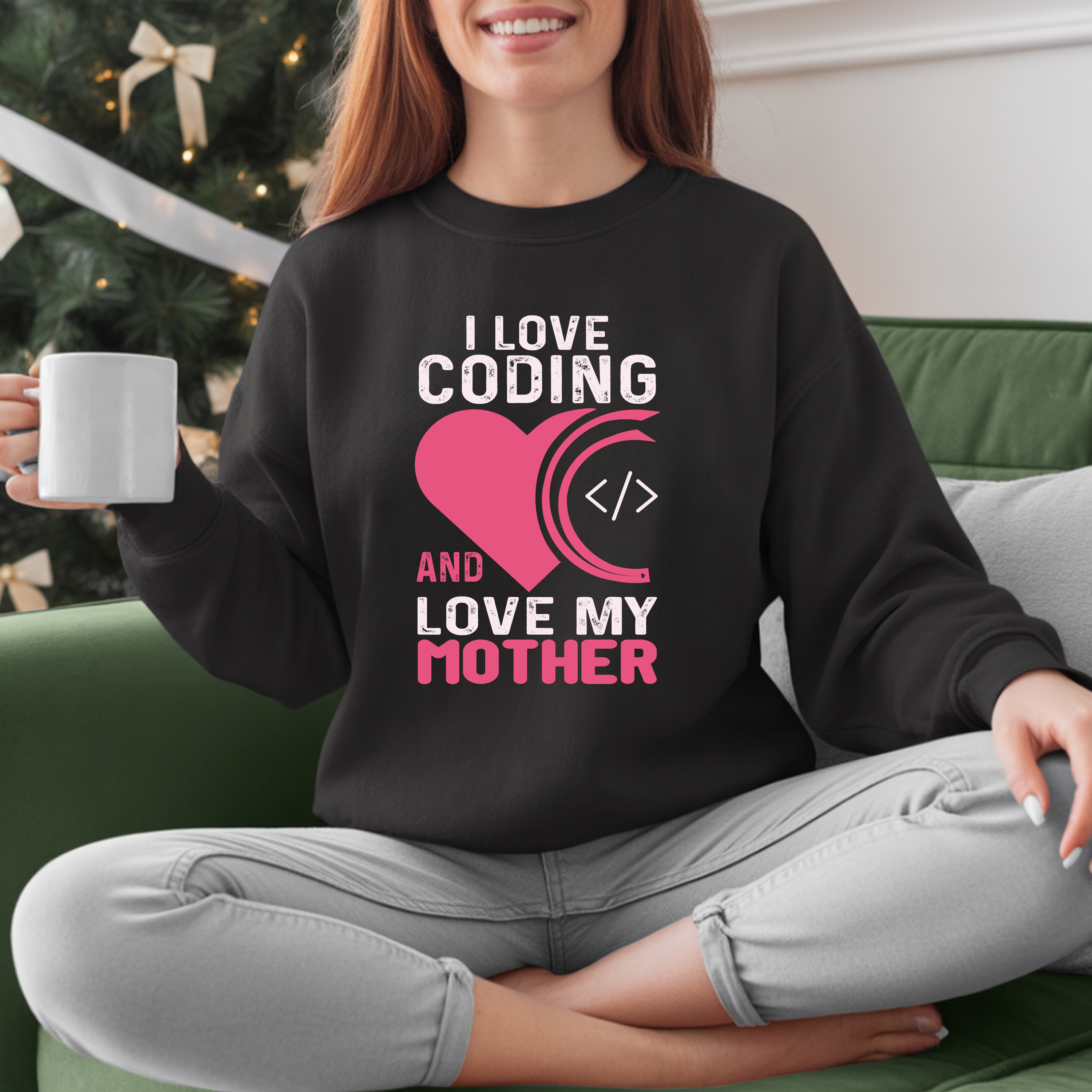 Crewneck Sweatshirt - I Love Coding and My Mother (Pink Heart Design)
