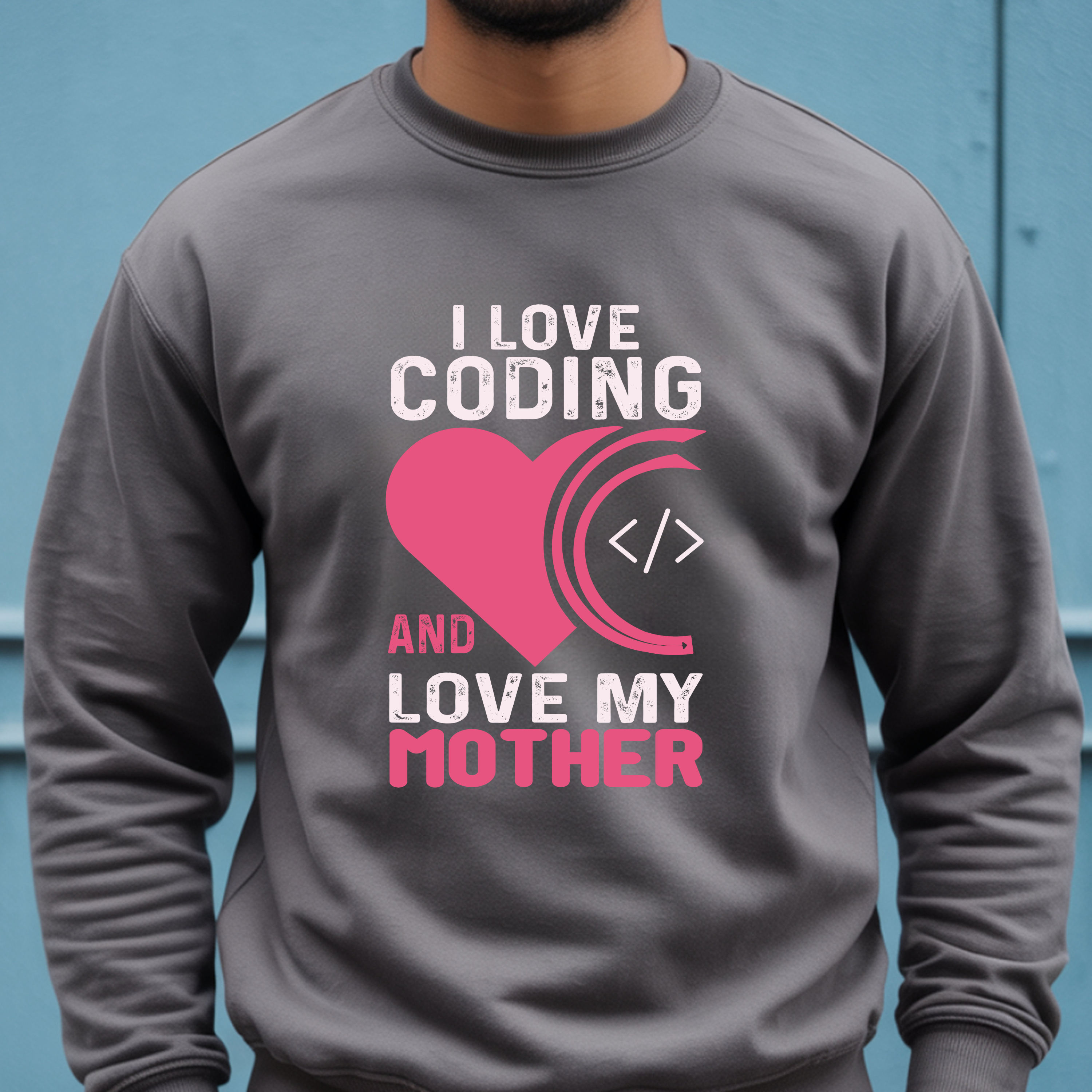 Crewneck Sweatshirt - I Love Coding and My Mother (Pink Heart Design)