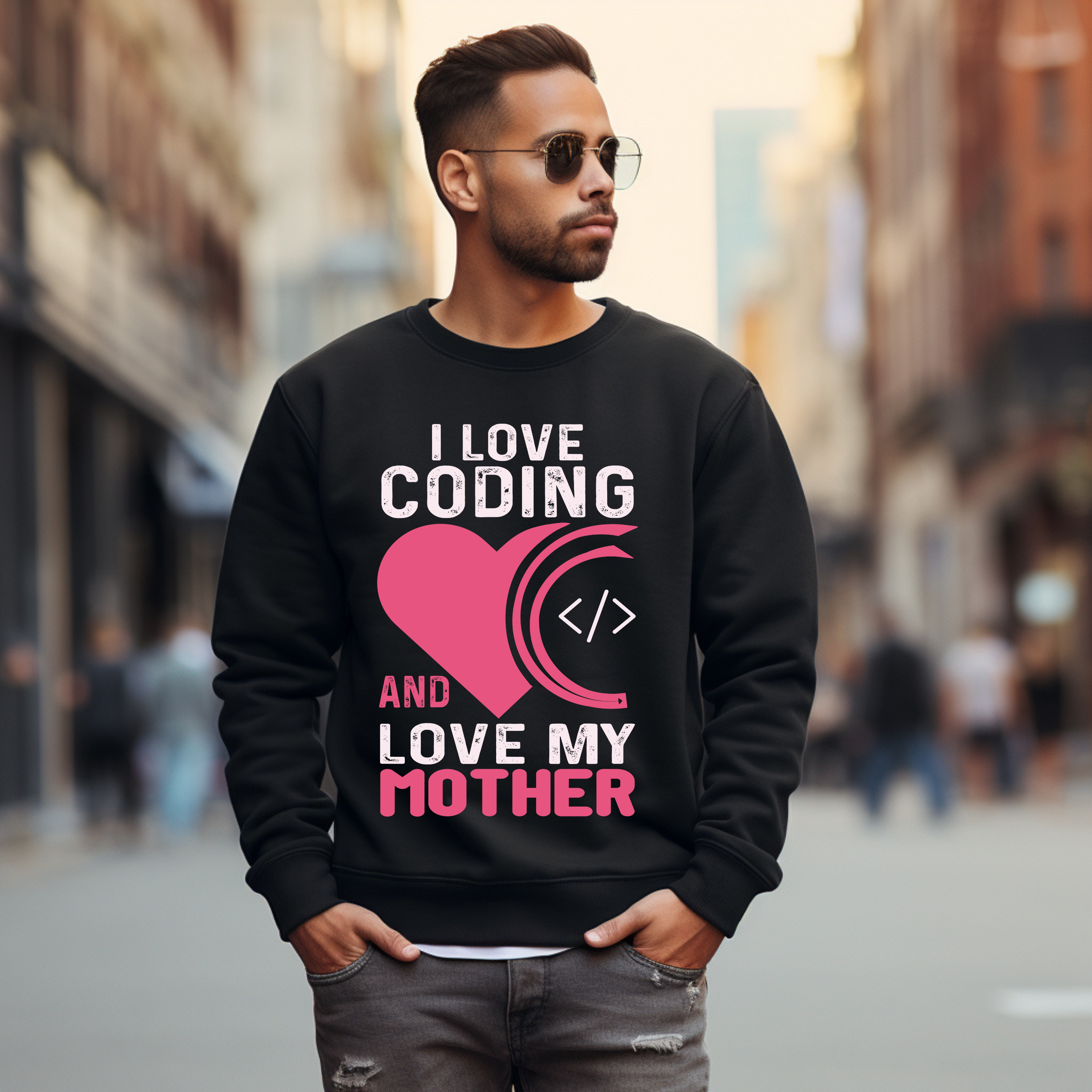 Crewneck Sweatshirt - I Love Coding and My Mother (Pink Heart Design)