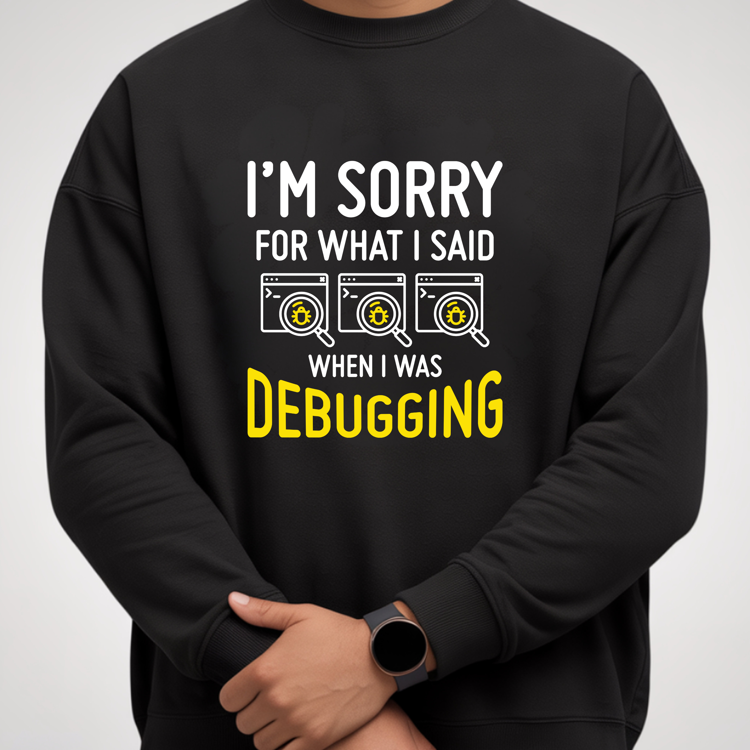 Debugging Crewneck Sweatshirt — Funny Programmer Sweatshirt with Yellow Code Icons