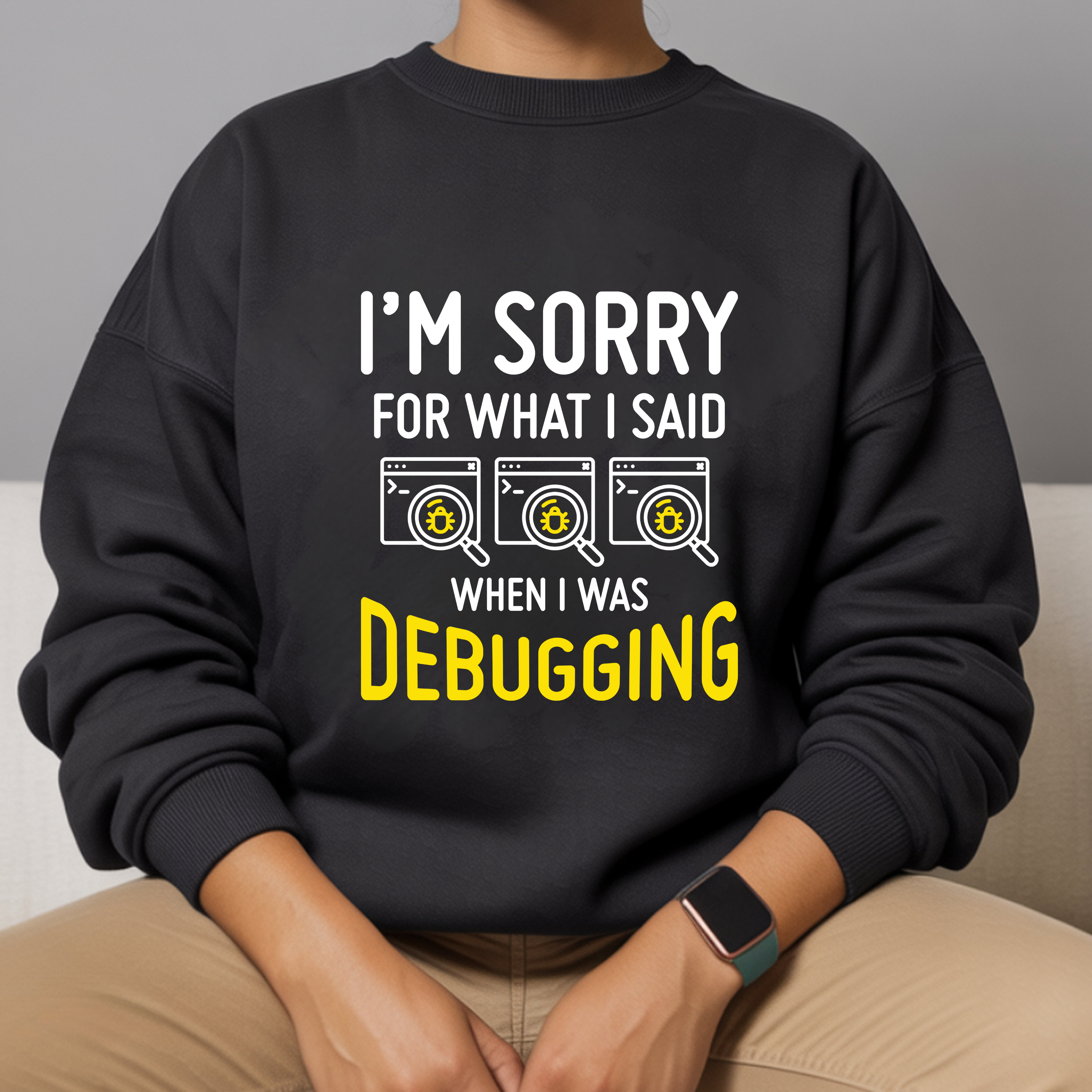 Debugging Crewneck Sweatshirt — Funny Programmer Sweatshirt with Yellow Code Icons