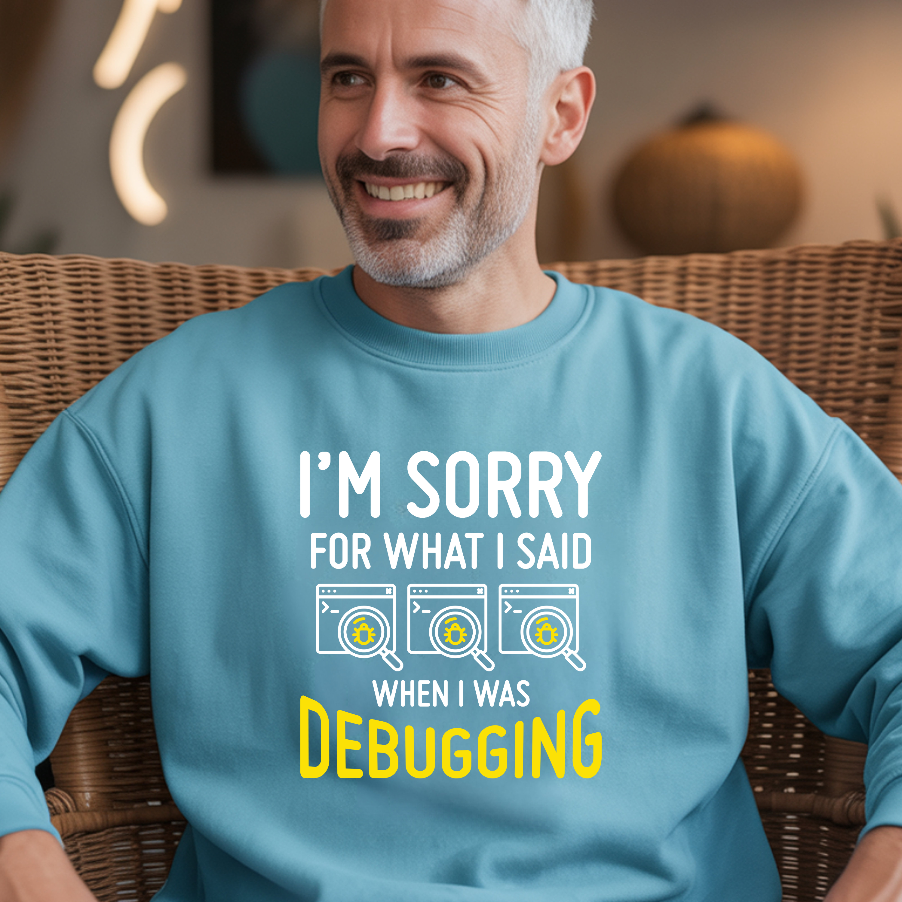 Debugging Crewneck Sweatshirt — Funny Programmer Sweatshirt with Yellow Code Icons