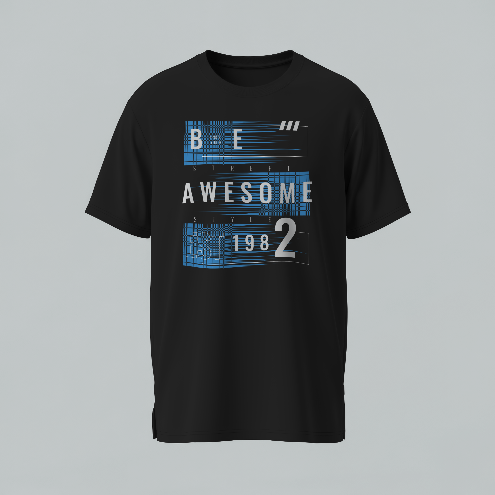 Black t-shirt with blue and white text design on a gray background