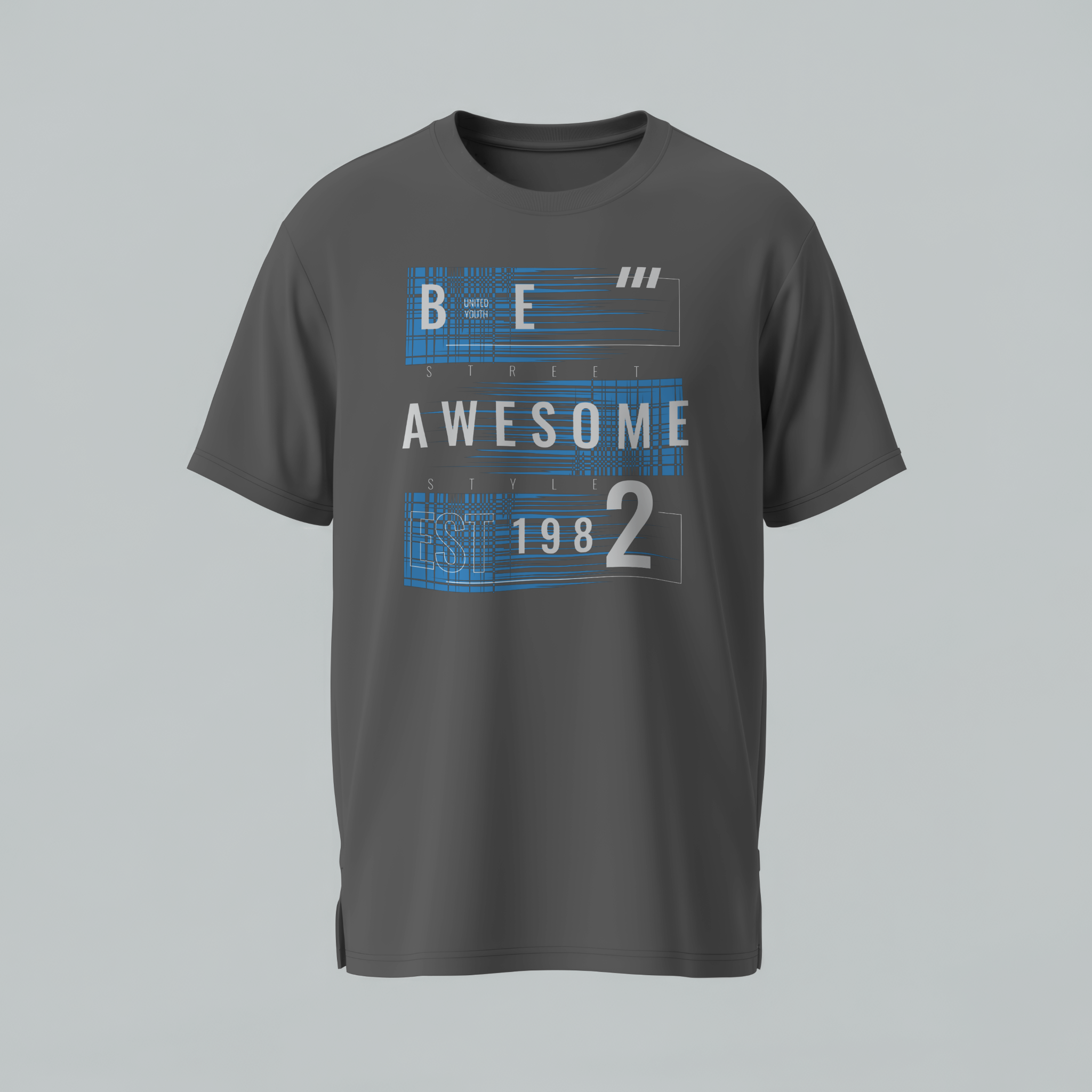 Gray t-shirt with blue and white text design on a gray background