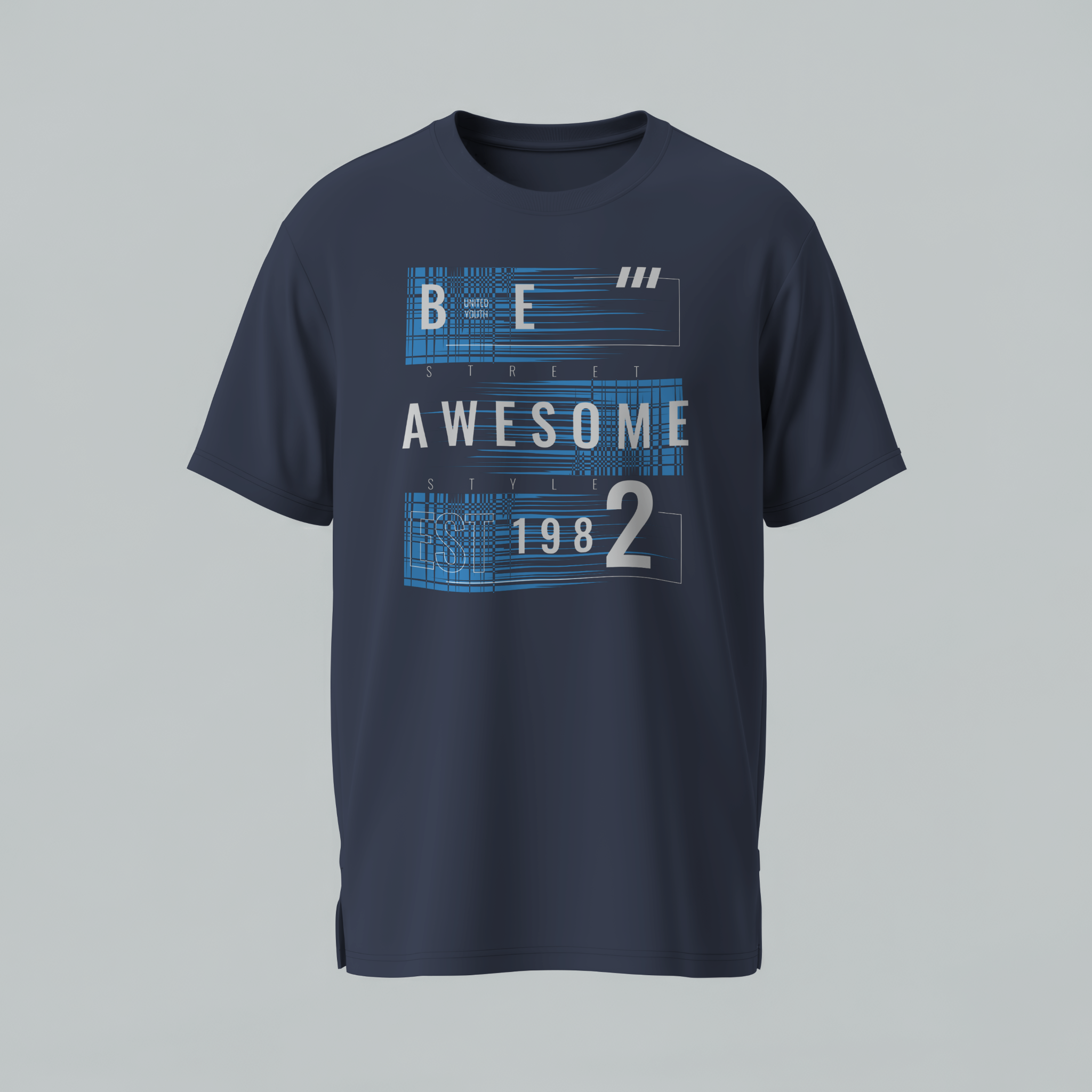 Navy blue t-shirt with blue text on a gray background