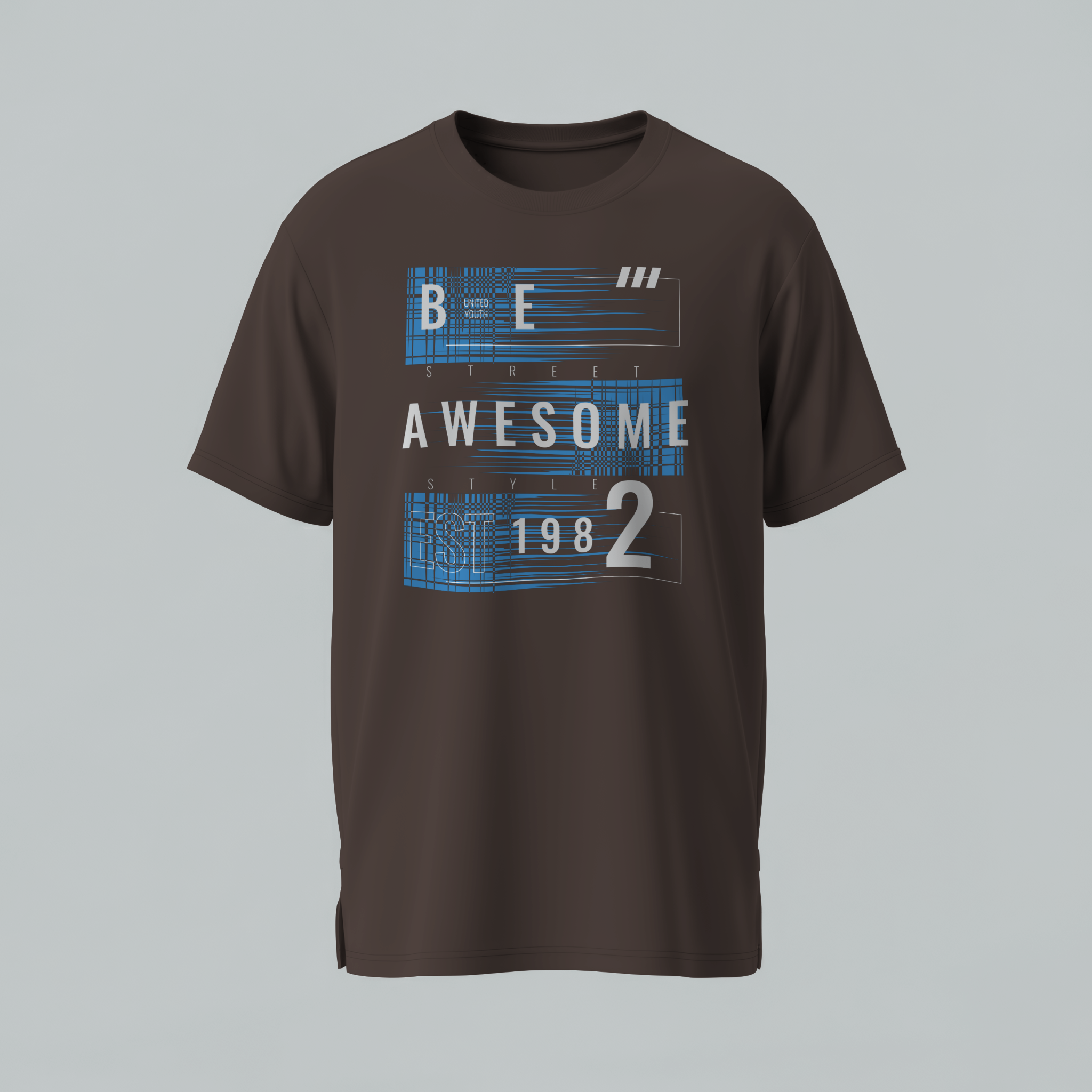 Brown t-shirt with blue and white text design on a gray background
