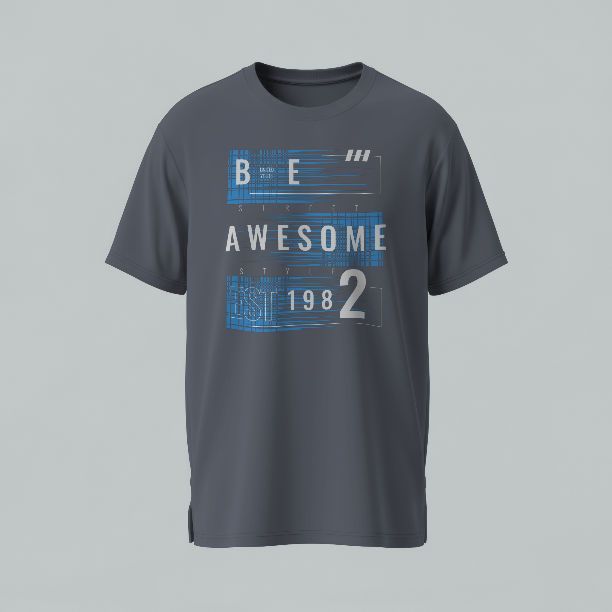 Gray t-shirt with 'Be Awesome' text design on a gray background