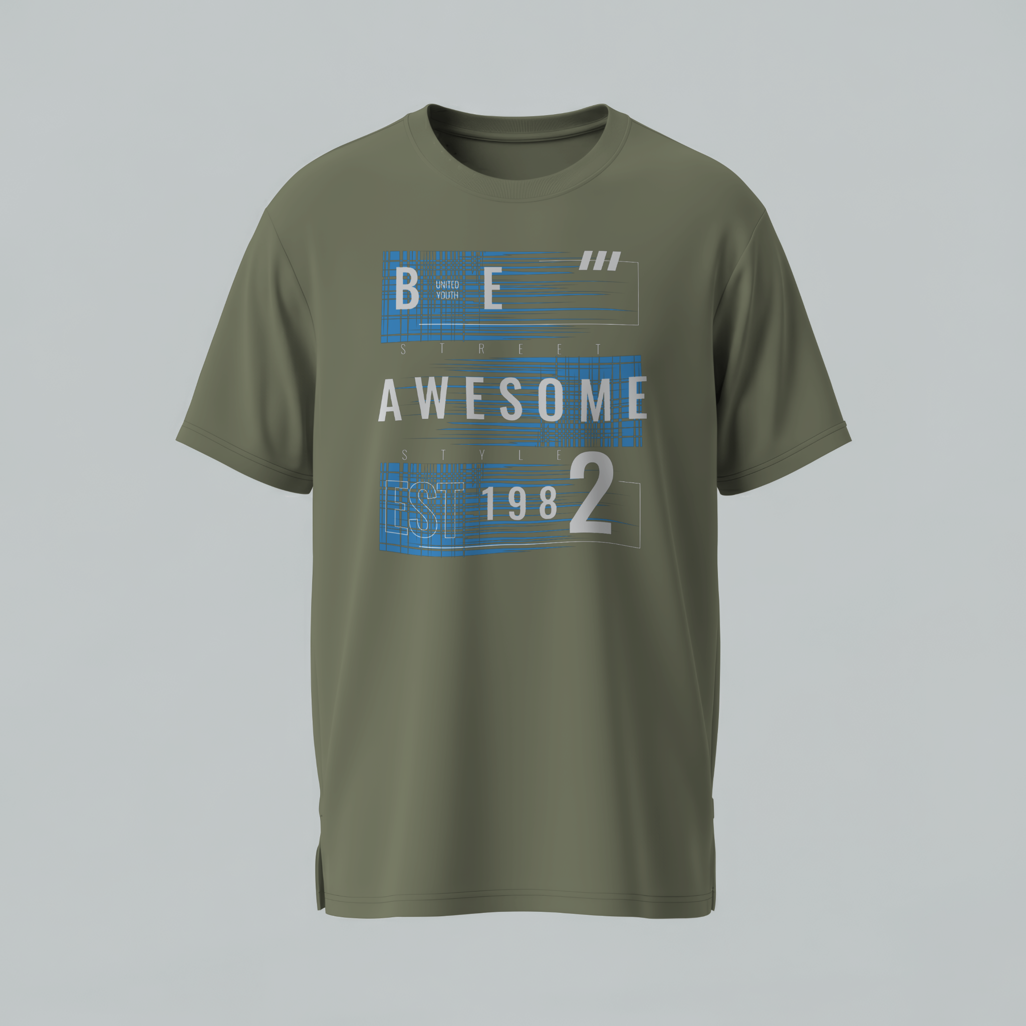 Green t-shirt with 'Be Awesome' text design on a gray background