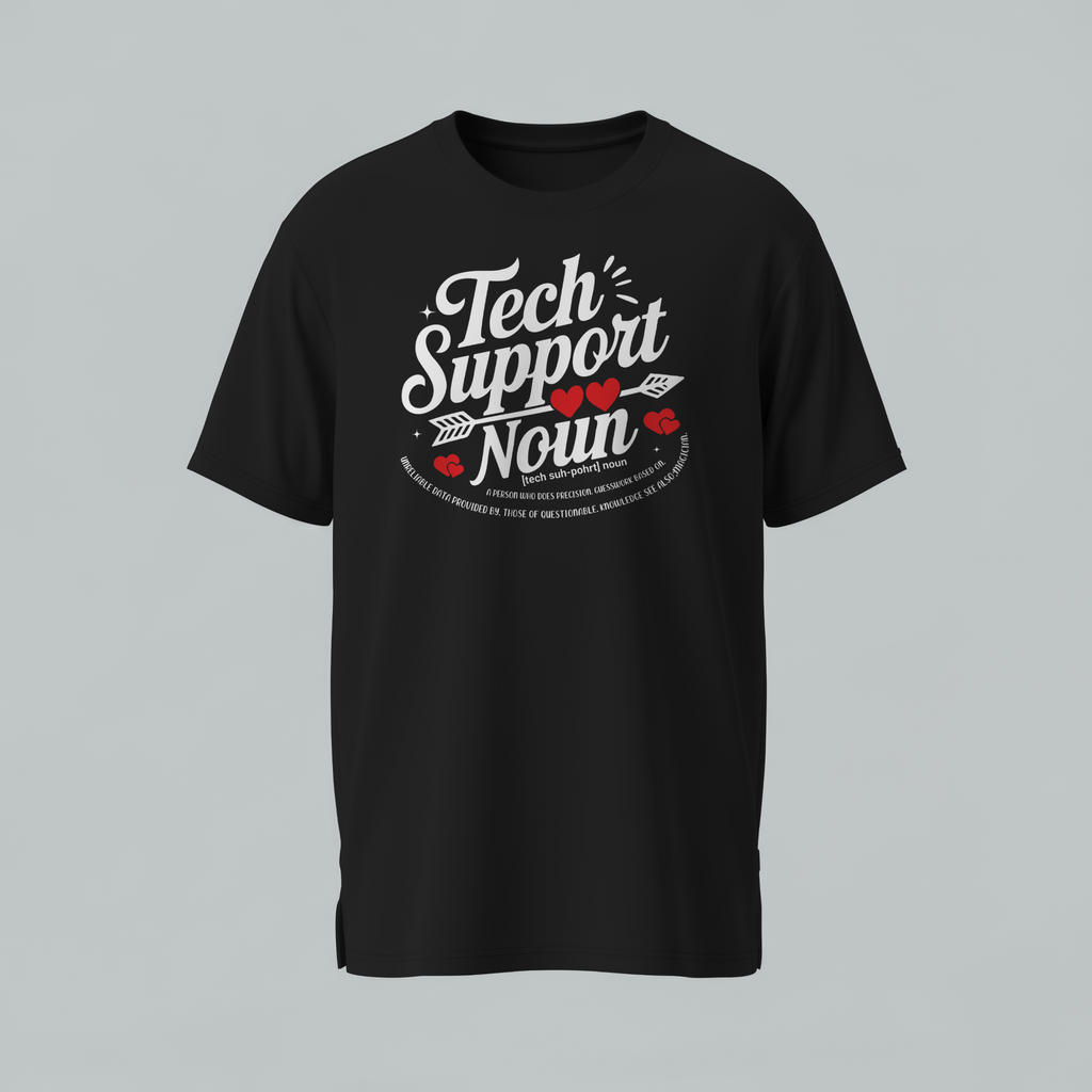 Black t-shirt with 'Tech Support Noun' text design on a gray background
