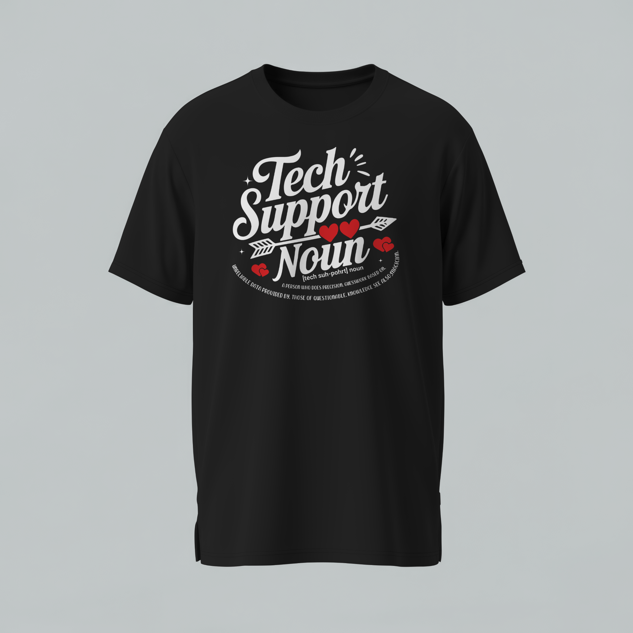 Black t-shirt with 'Tech Support Noun' text design on a gray background
