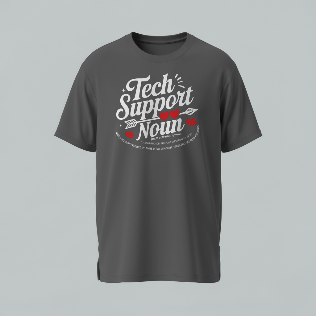 Gray t-shirt with 'Tech Support' graphic on a gray background