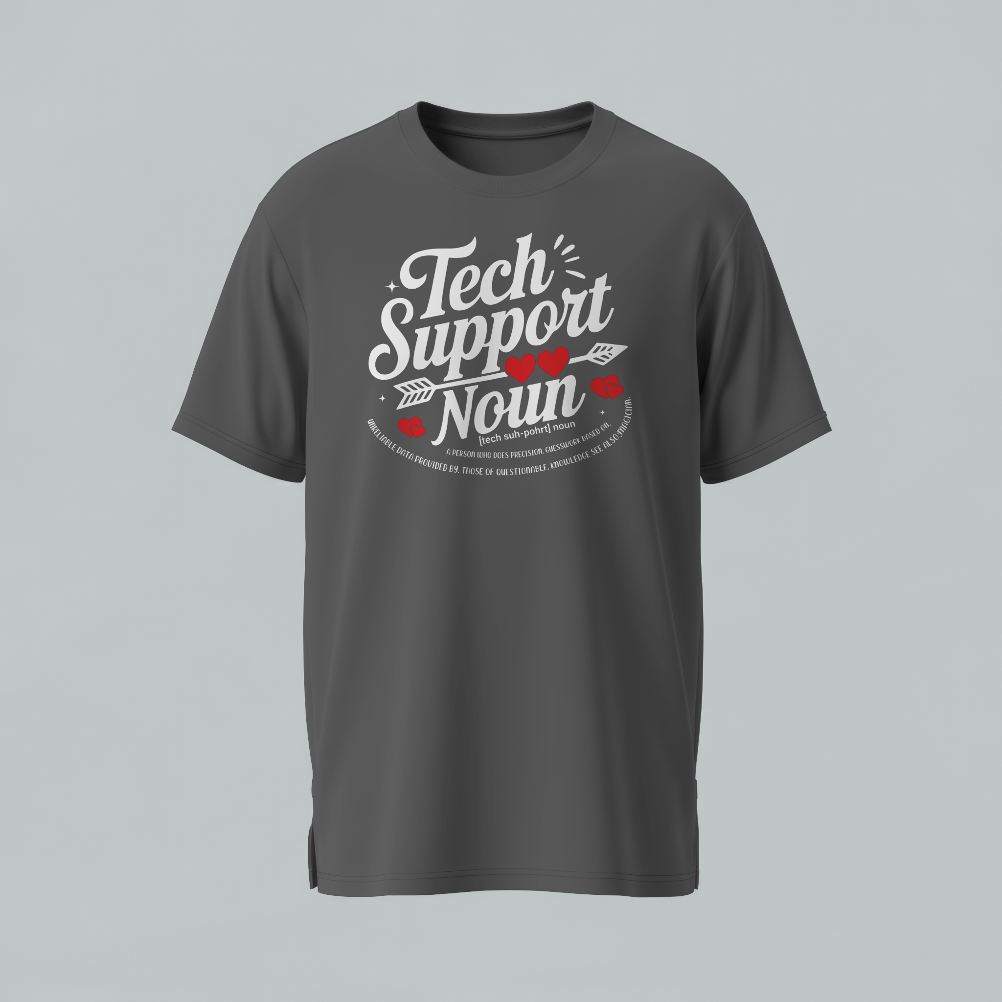 Gray t-shirt with 'Tech Support' graphic on a gray background