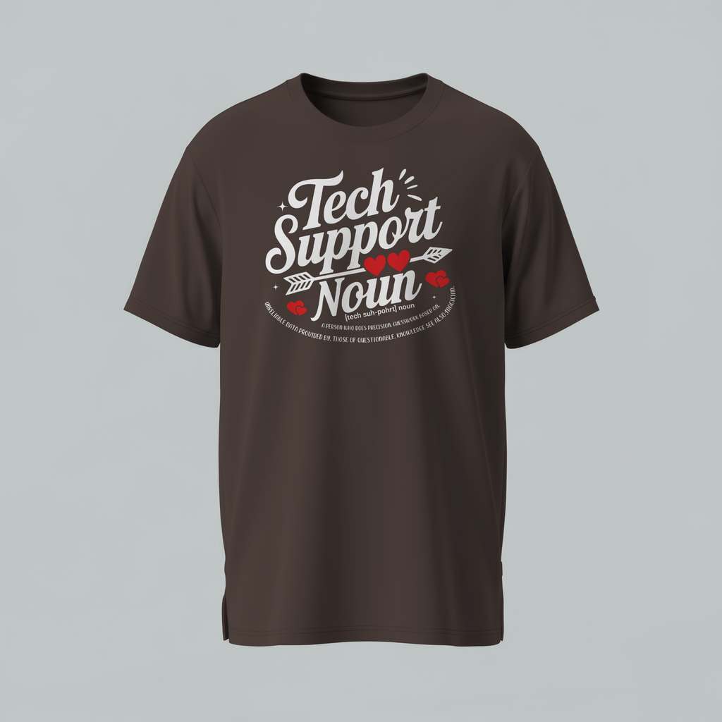 Brown t-shirt with 'Tech Support Noun' text on a gray background