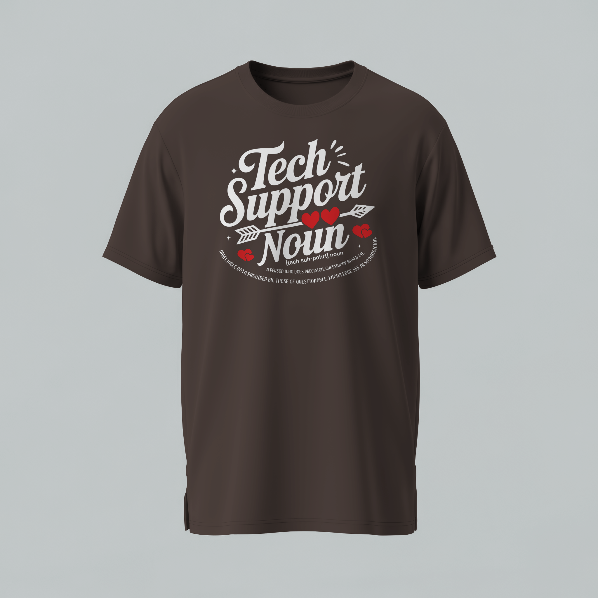 Brown t-shirt with 'Tech Support Noun' text on a gray background