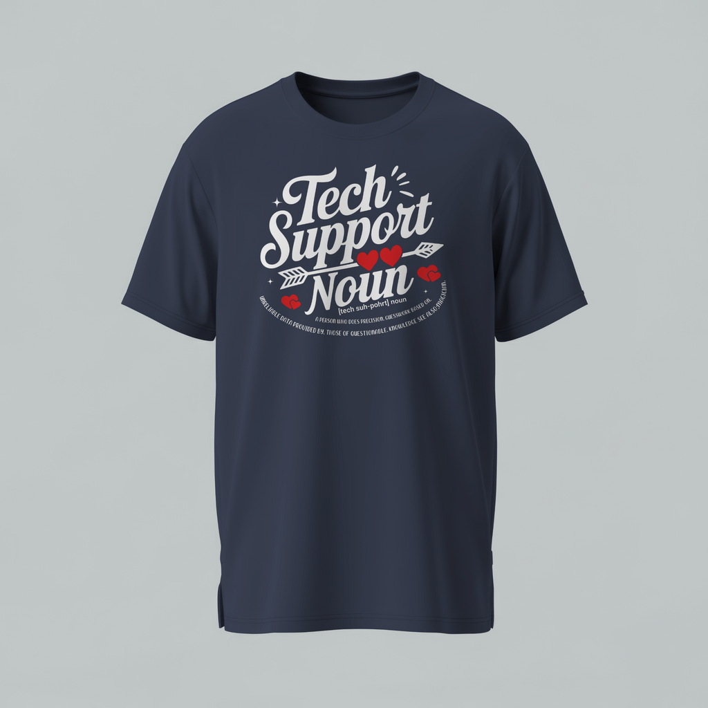 Navy blue t-shirt with 'Tech Support' text on a gray background