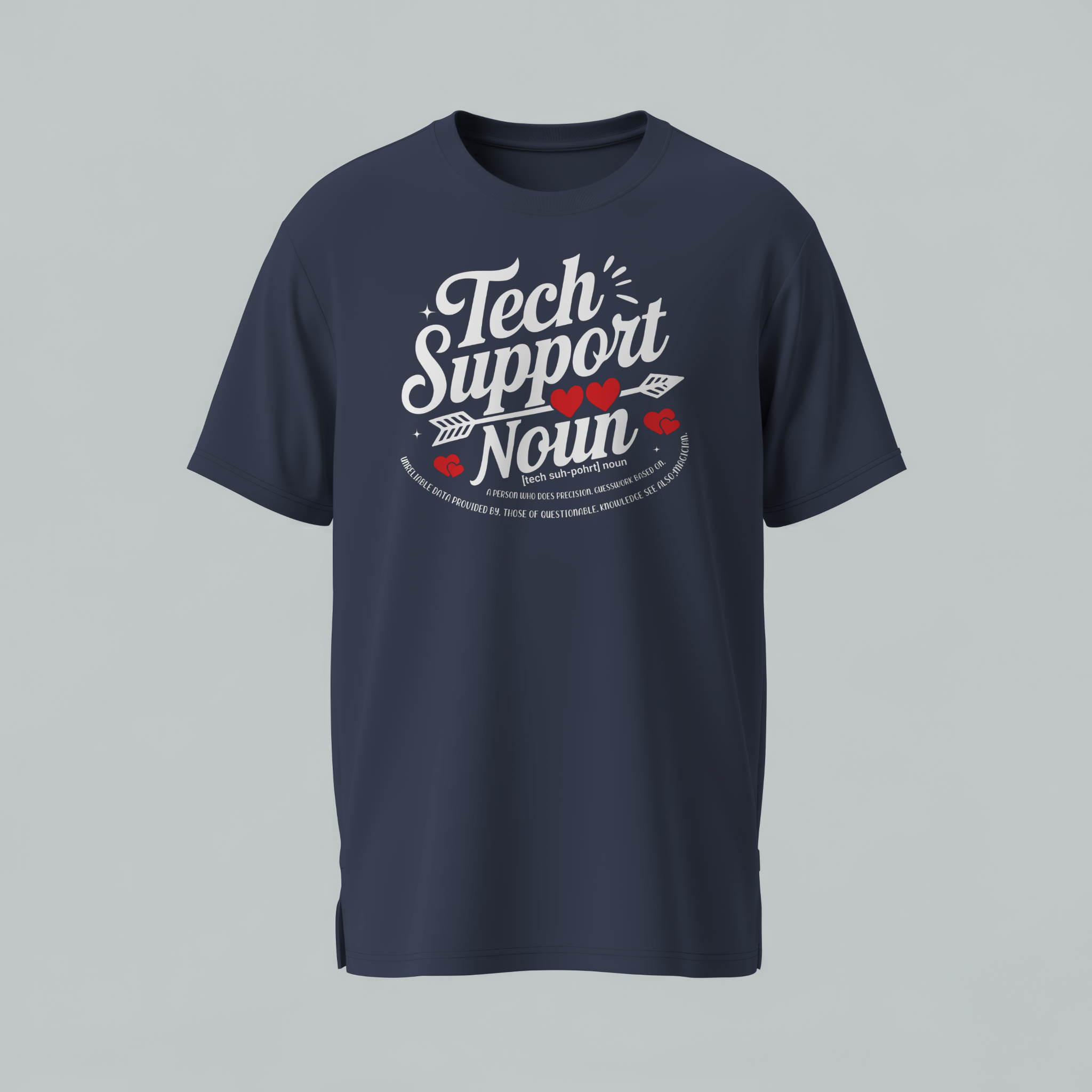 Navy blue t-shirt with 'Tech Support' text on a gray background