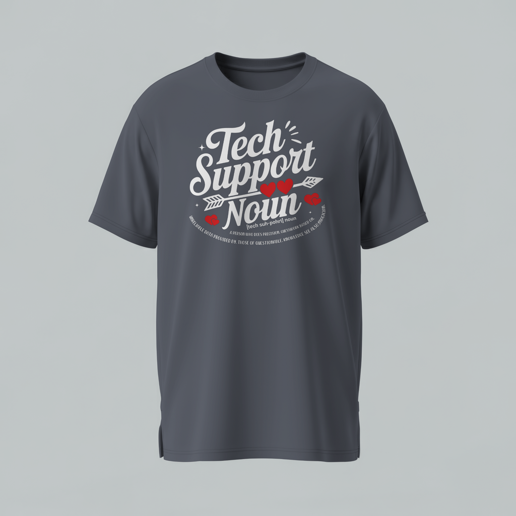 Gray t-shirt with 'Tech Support' graphic on a gray background