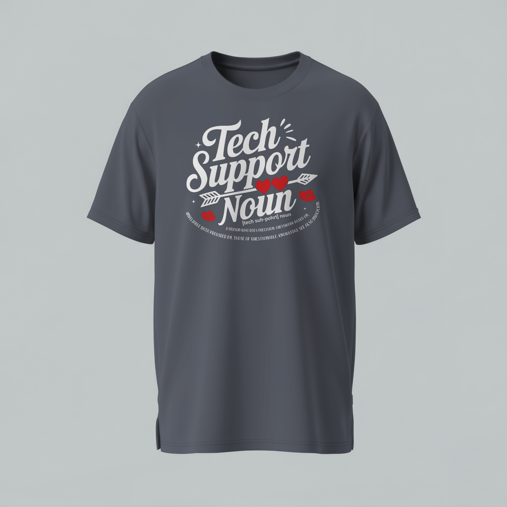 Gray t-shirt with 'Tech Support' graphic on a gray background