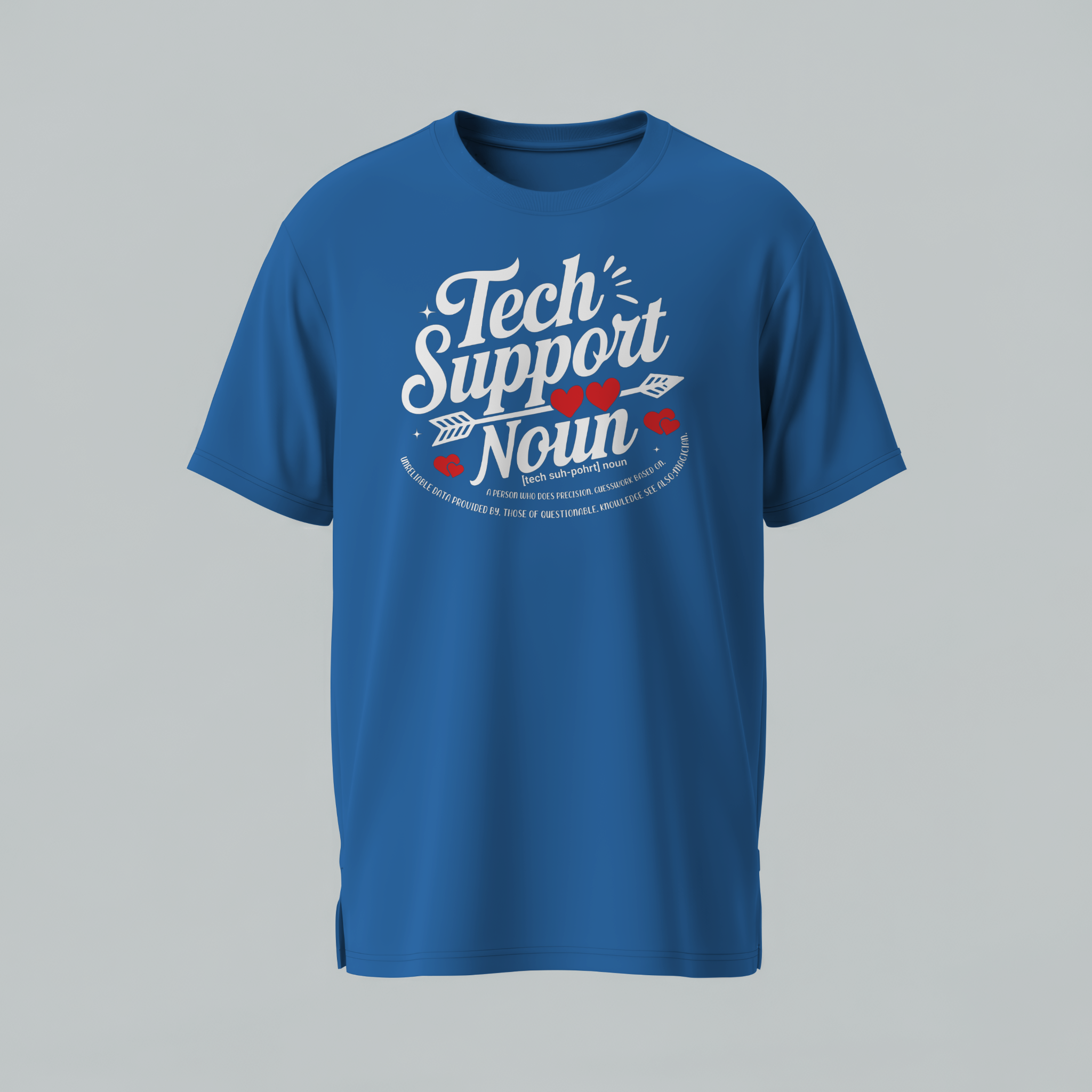 Blue t-shirt with 'Tech Support' text on a gray background
