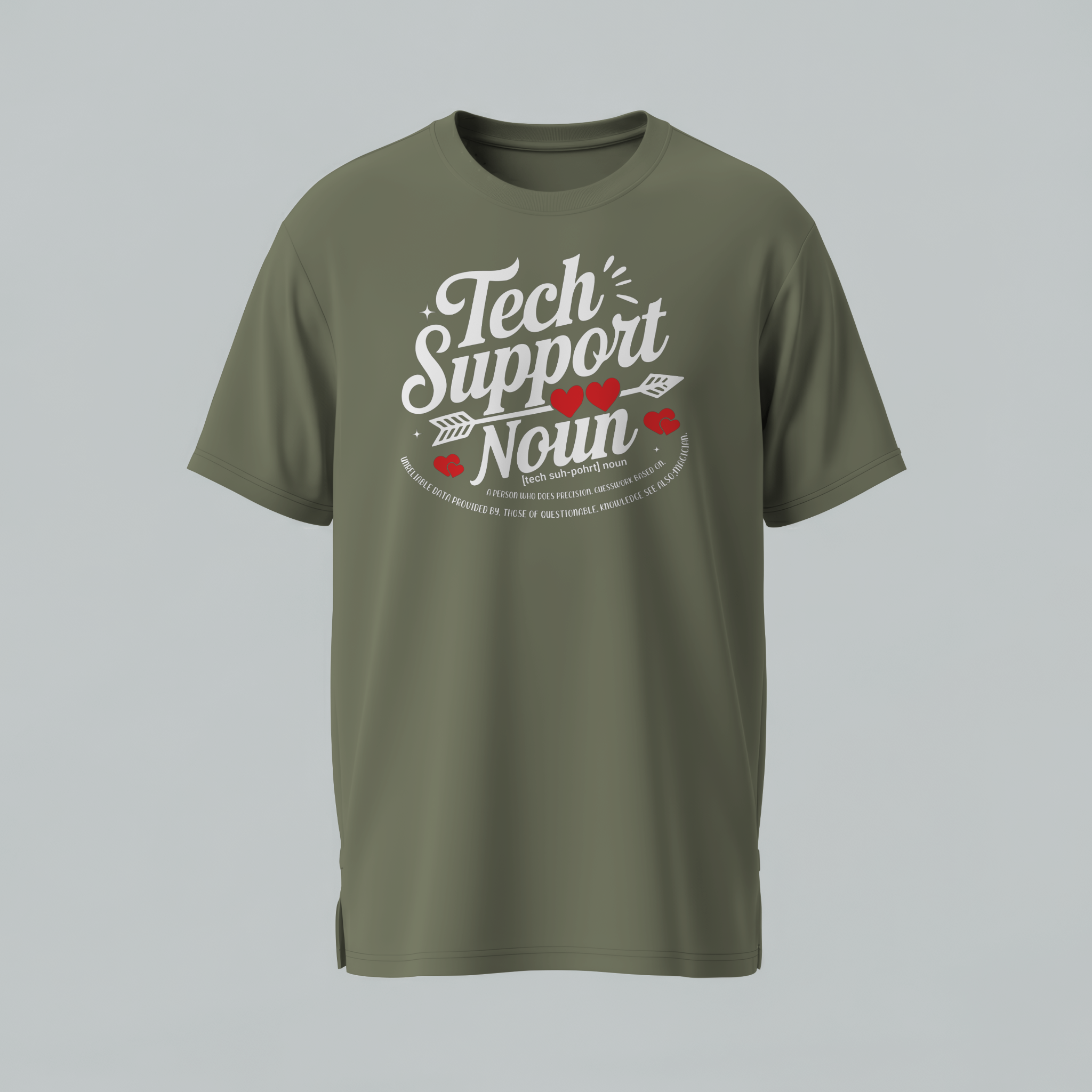Green t-shirt with 'Tech Support Noun' text on a gray background