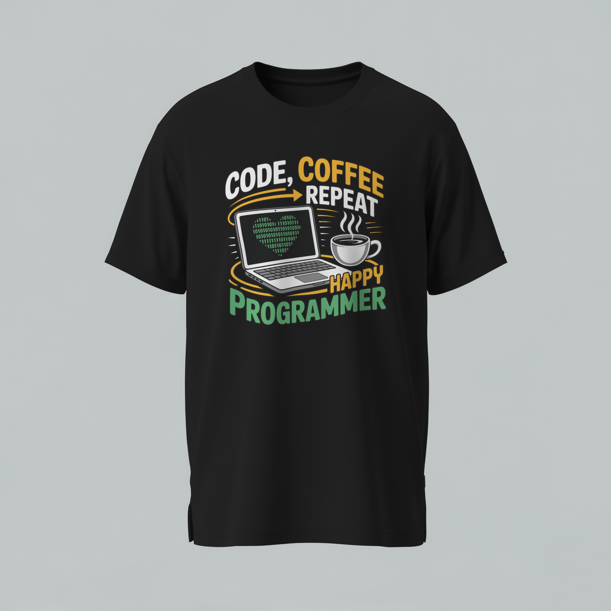 Black t-shirt with a graphic design featuring text and a laptop on a gray background