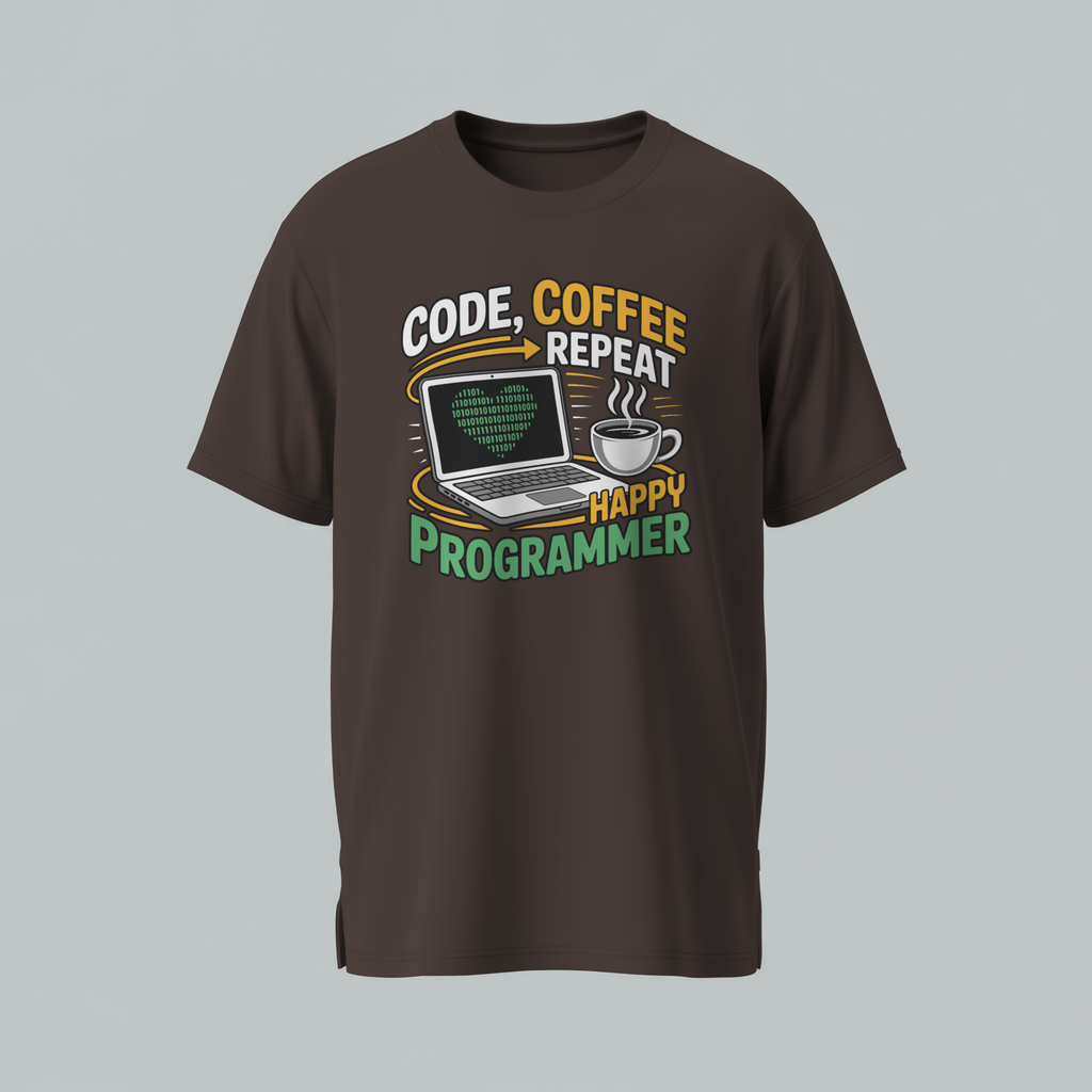 Brown t-shirt with a graphic design featuring text and a laptop on a gray background