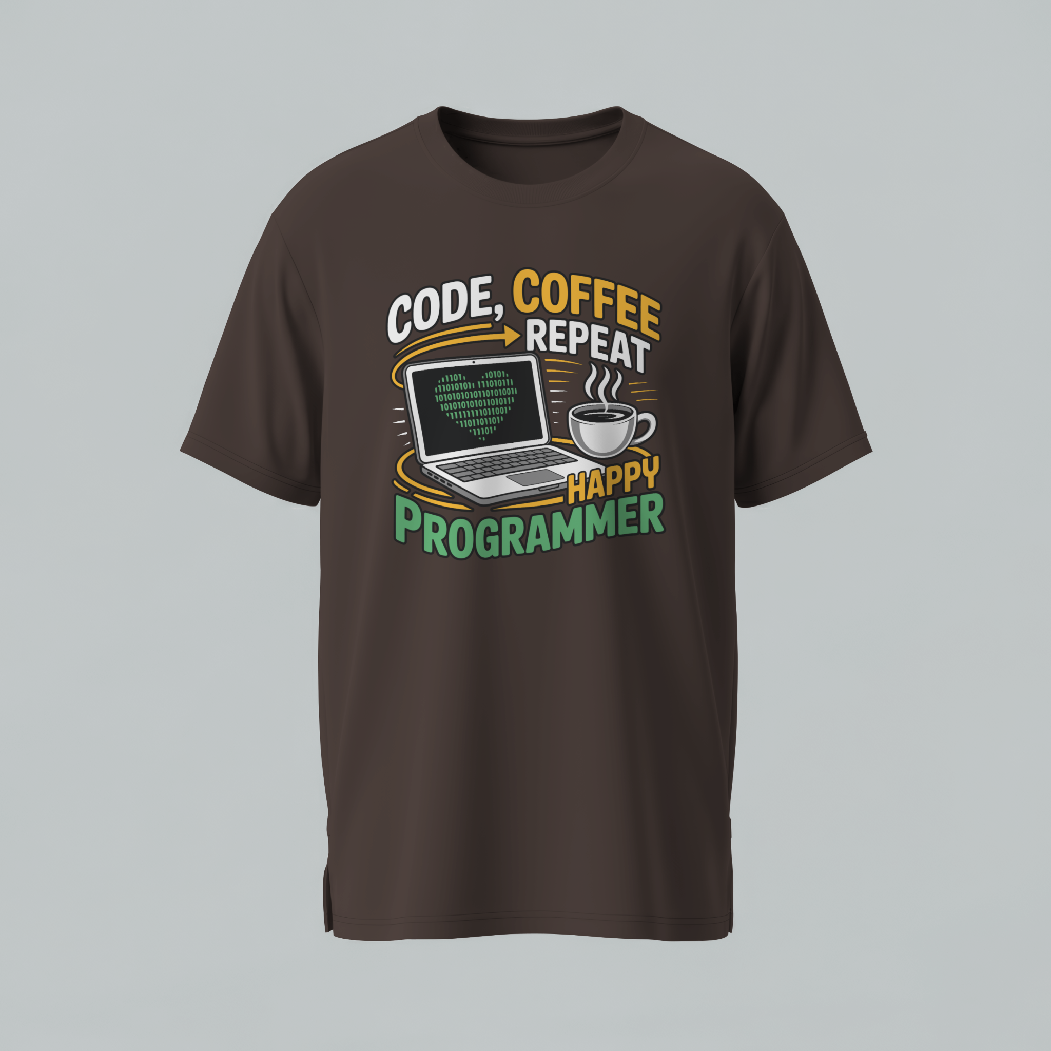 Brown t-shirt with a graphic design featuring text and a laptop on a gray background