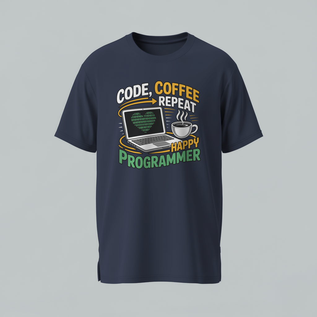 Navy blue t-shirt with 'Happy Programmer' graphic design on a gray background