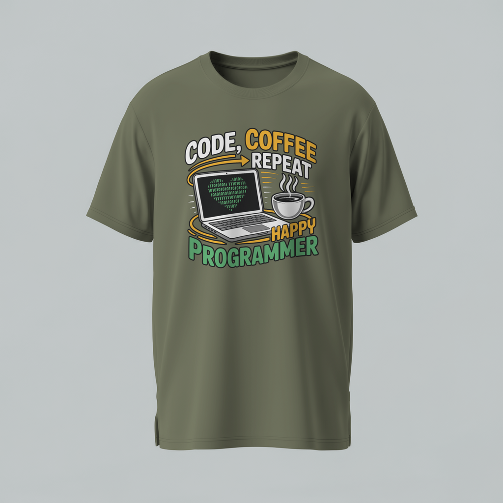 Green t-shirt with a graphic design and text on a gray background