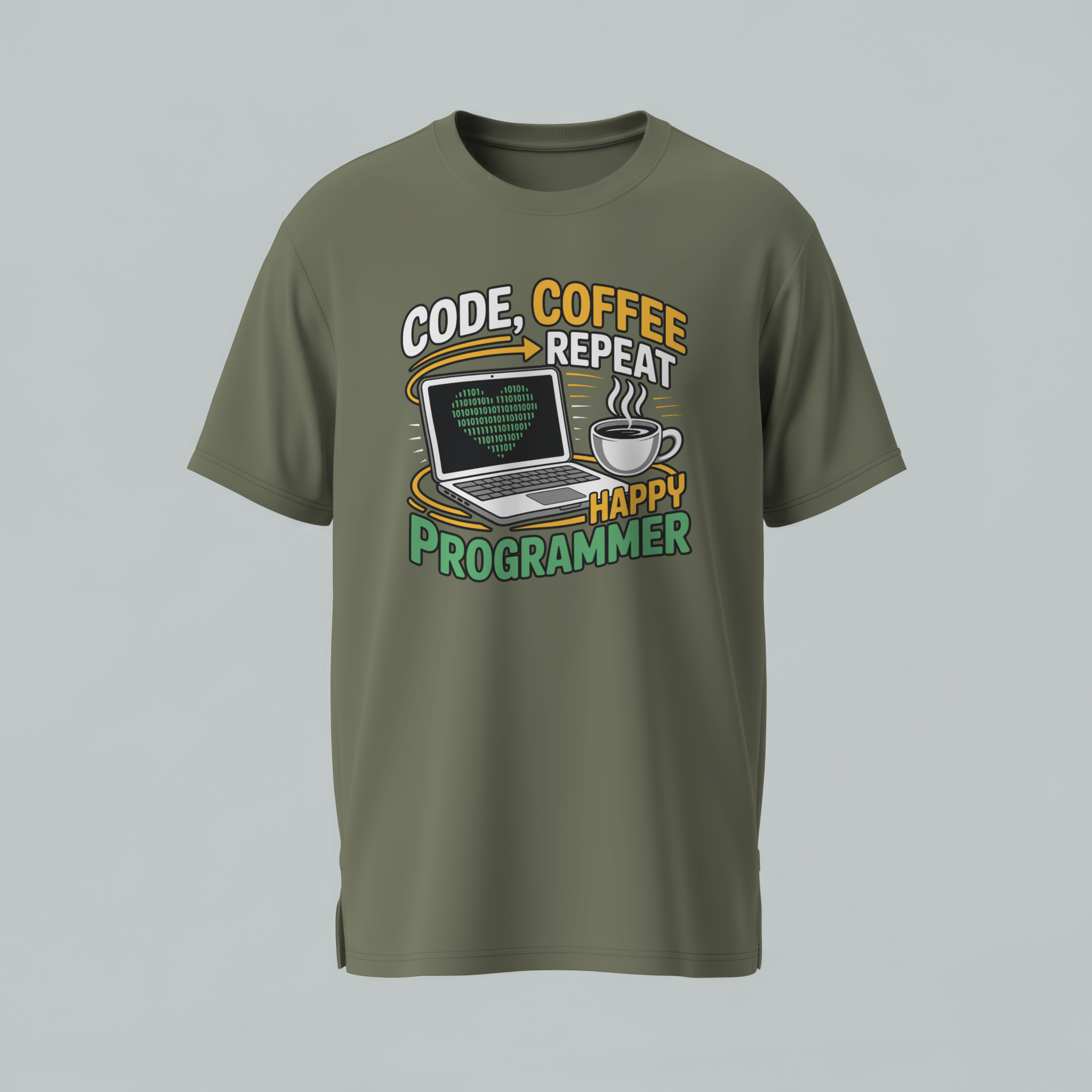 Green t-shirt with a graphic design and text on a gray background