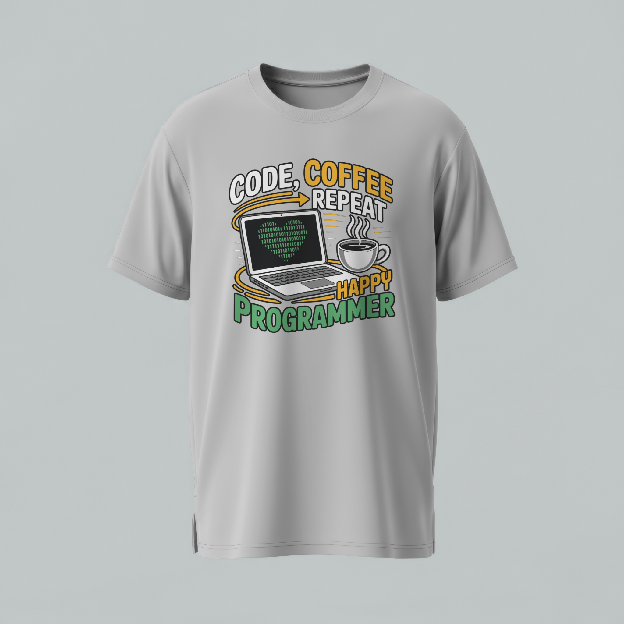 Gray t-shirt with a graphic design featuring text and a laptop on a light gray background