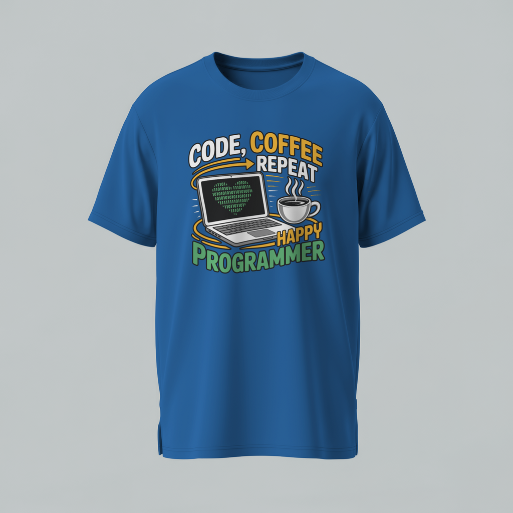 Blue t-shirt with a graphic design featuring text and a laptop on a gray background