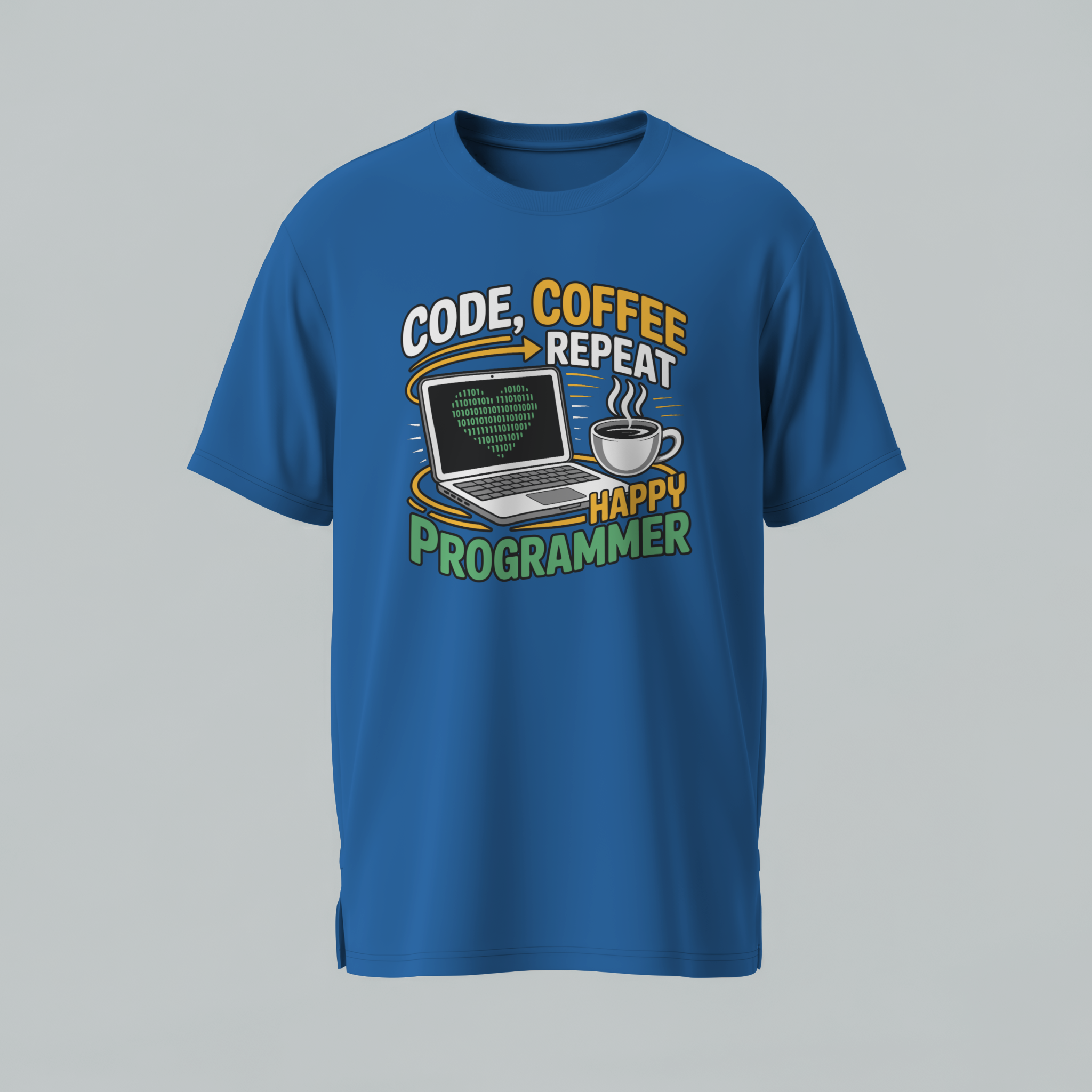 Blue t-shirt with a graphic design featuring text and a laptop on a gray background