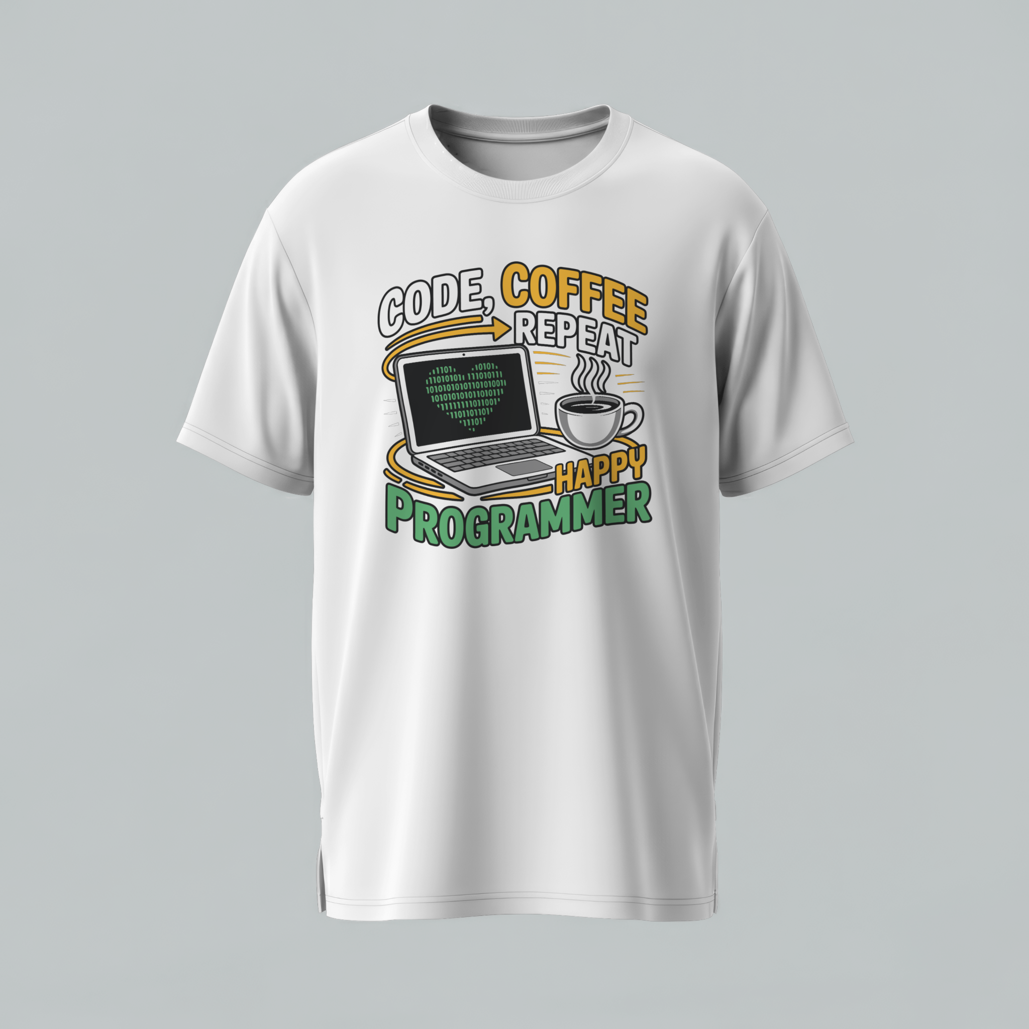 White t-shirt with a graphic design featuring text and a laptop on a gray background