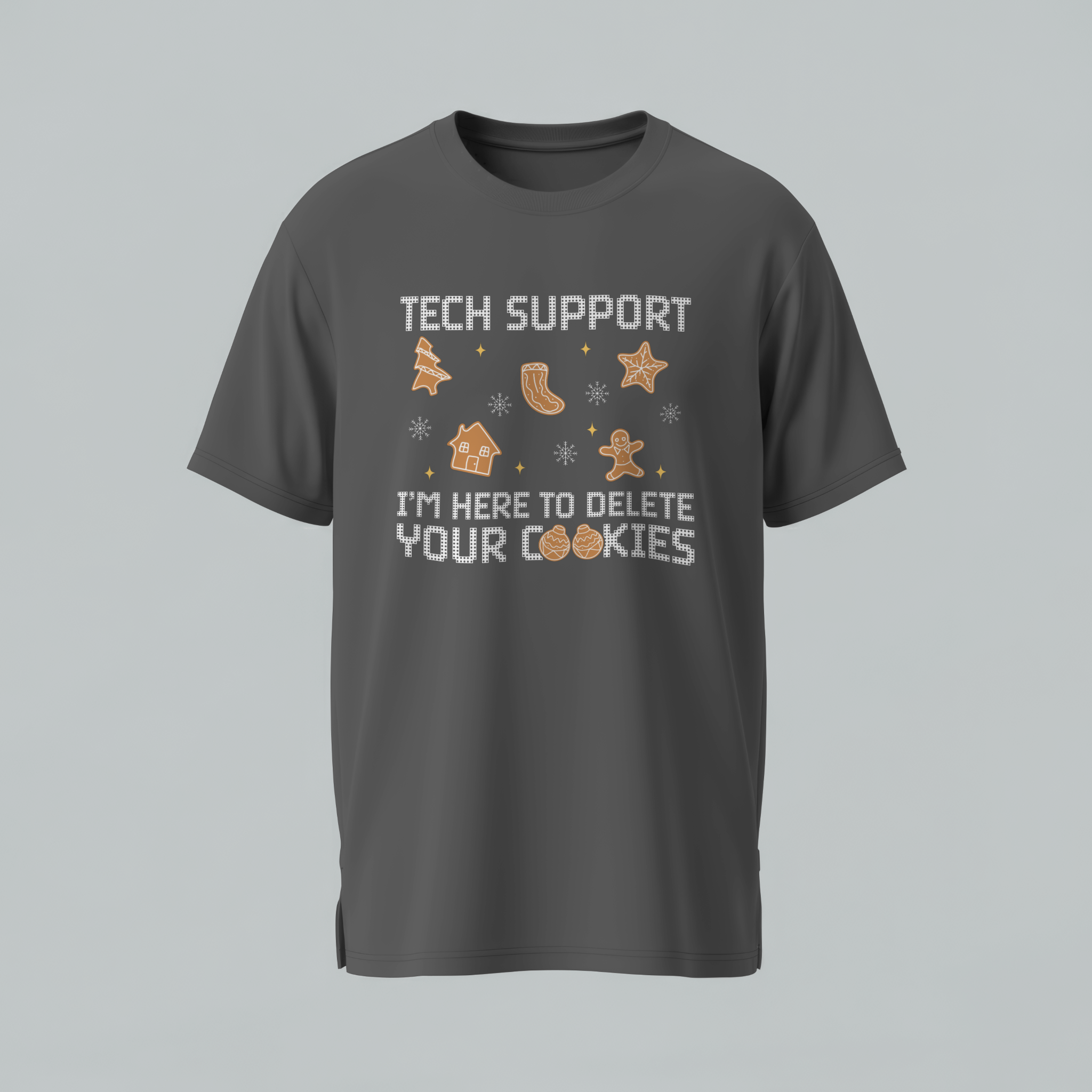 Gray t-shirt with 'Tech Support' and 'delete your cookies' text and graphics on a gray background