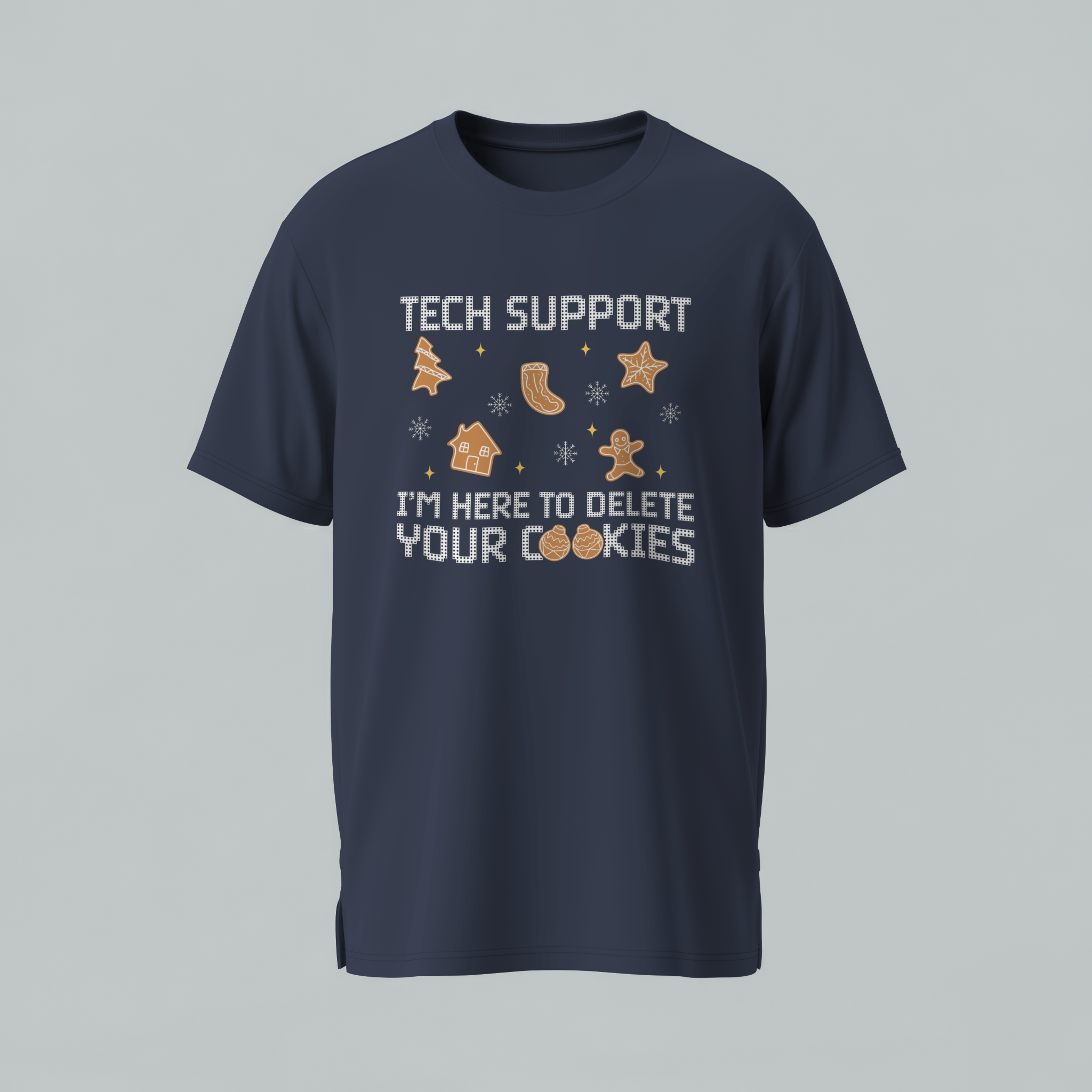 Navy blue t-shirt with text and graphics on a gray background