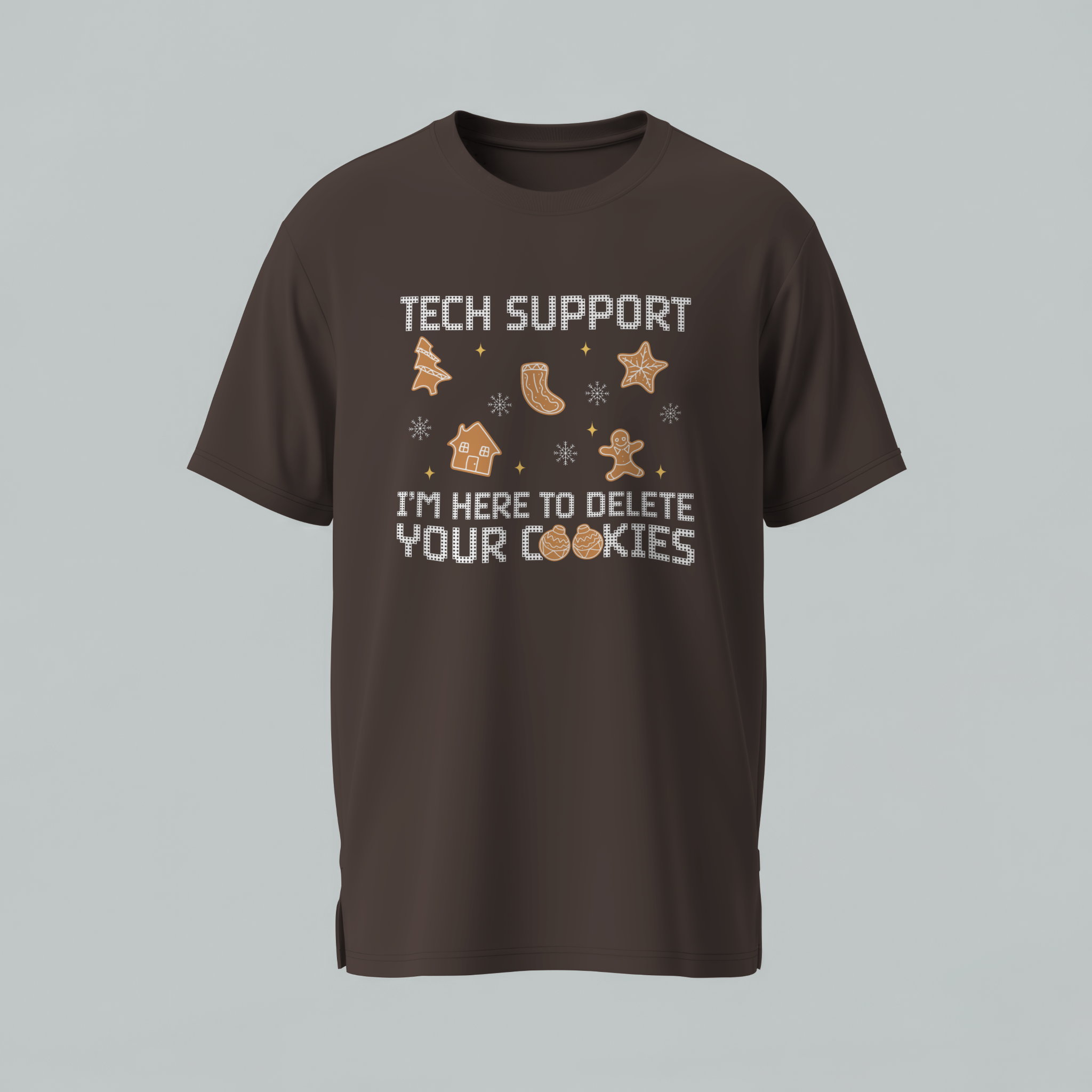 Brown t-shirt with text and graphics on a gray background