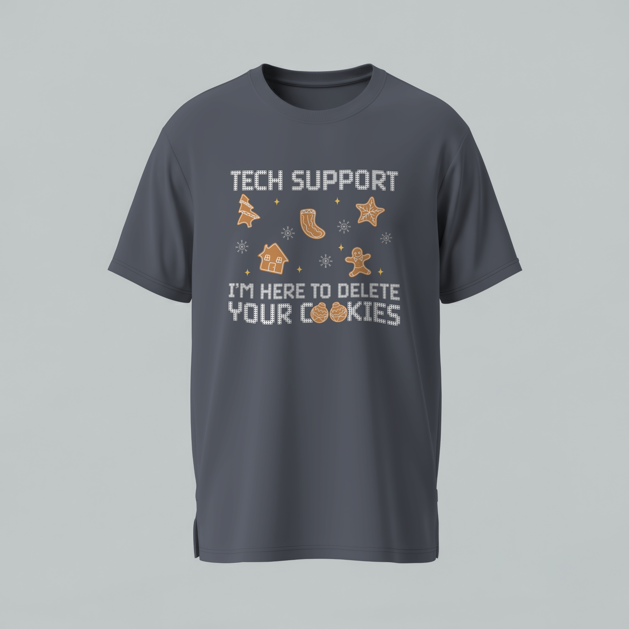 Gray t-shirt with 'Tech Support' and 'delete your cookies' text and graphics on a gray background
