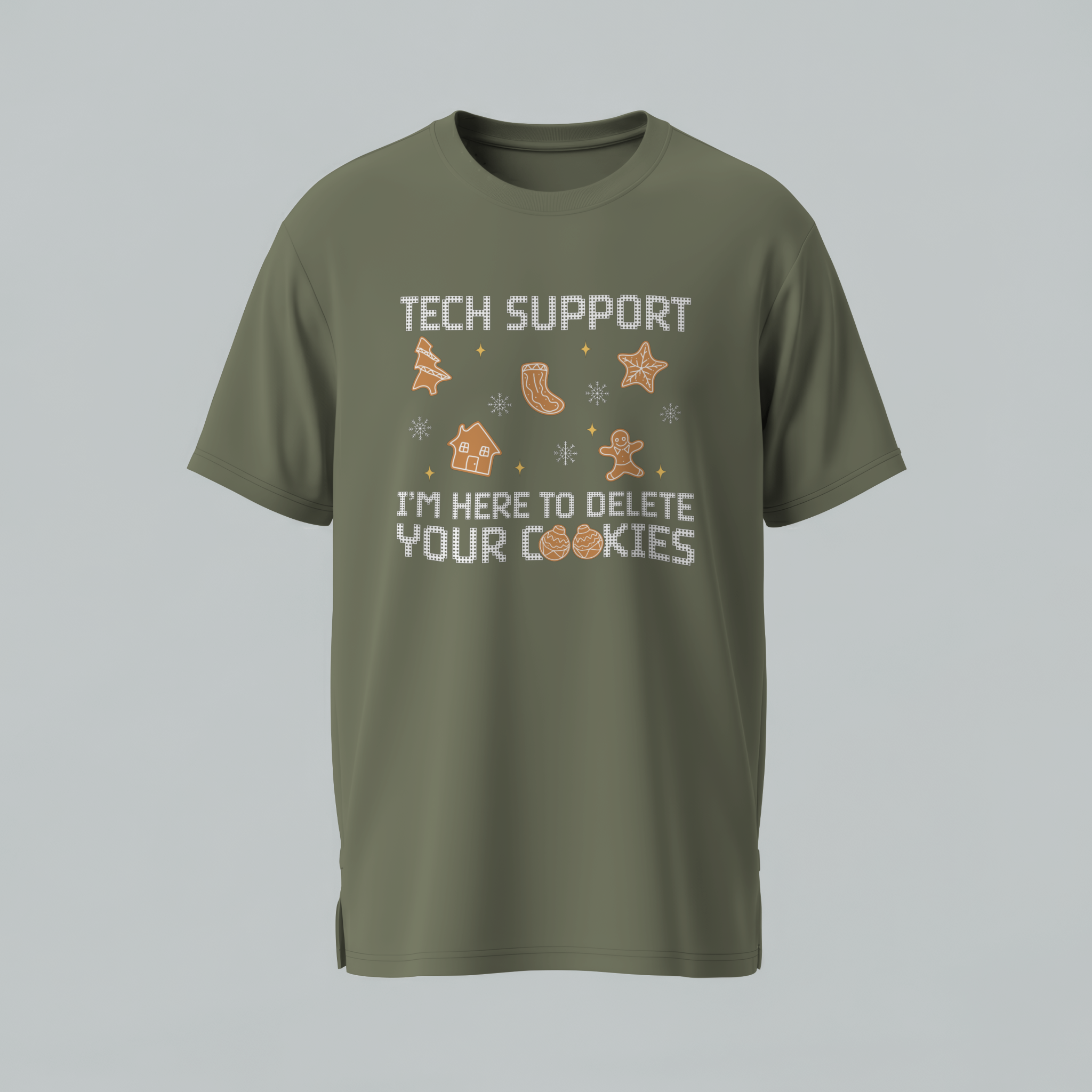 Green t-shirt with text and graphics on a gray background