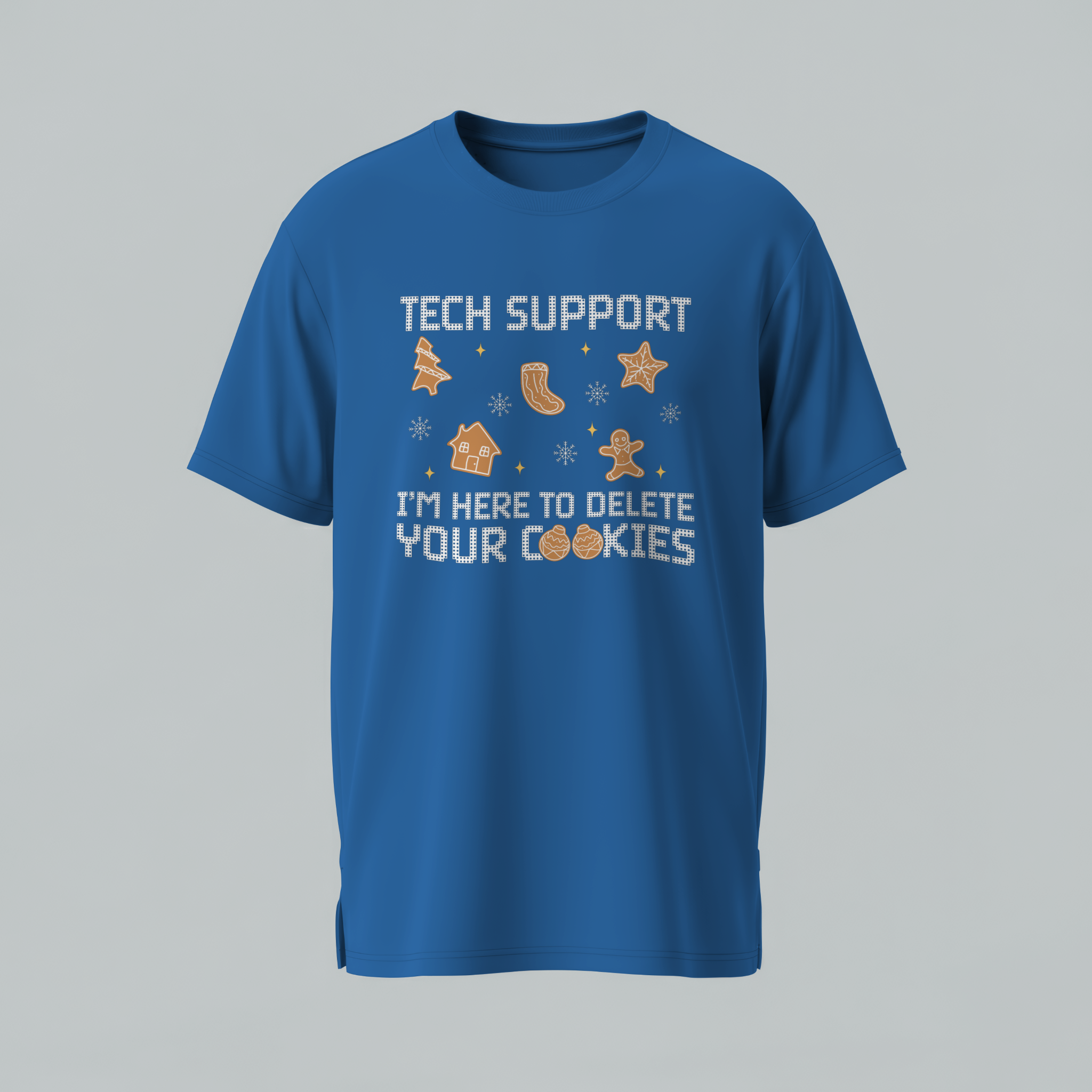 Blue t-shirt with text and graphics on a gray background