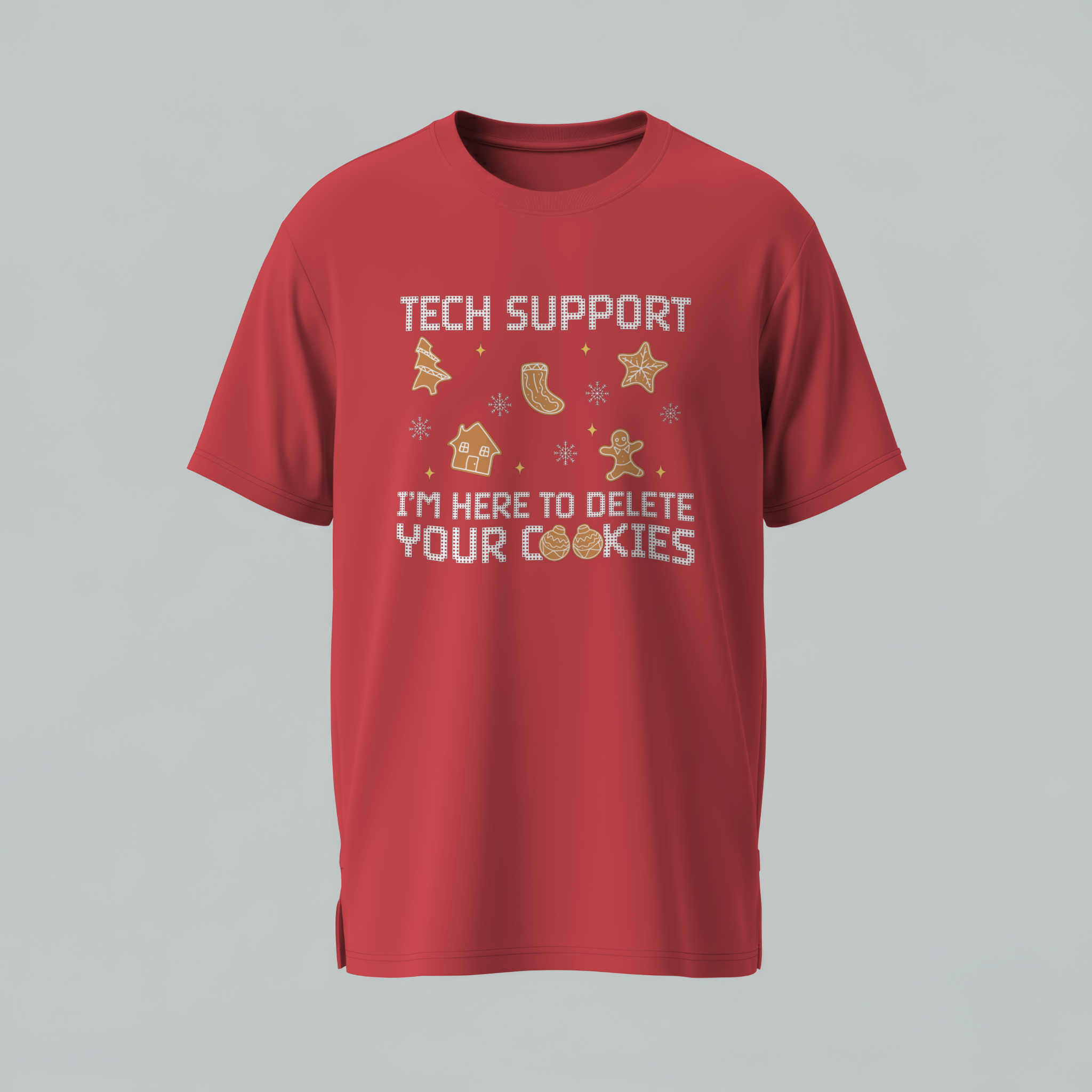 Red t-shirt with text and graphics on a gray background
