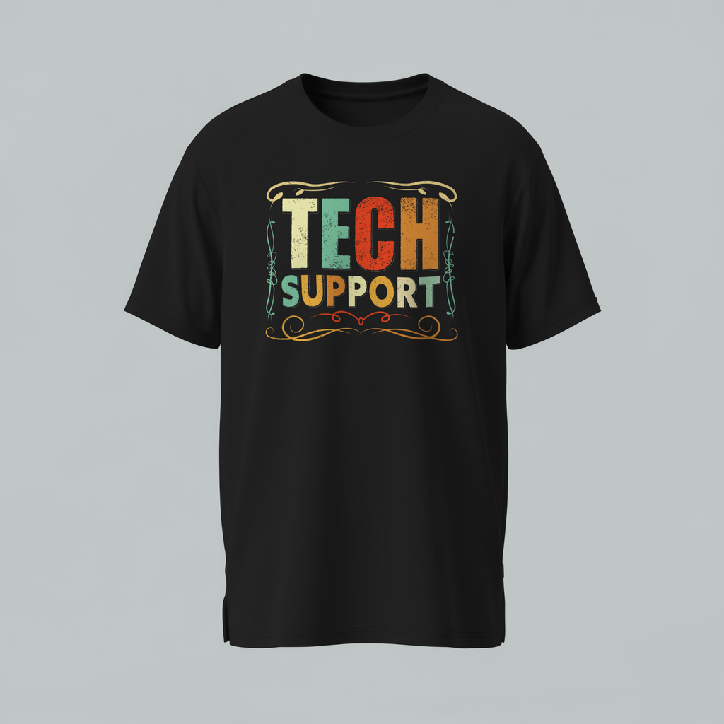 Black t-shirt with 'Tech Support' text on a gray background